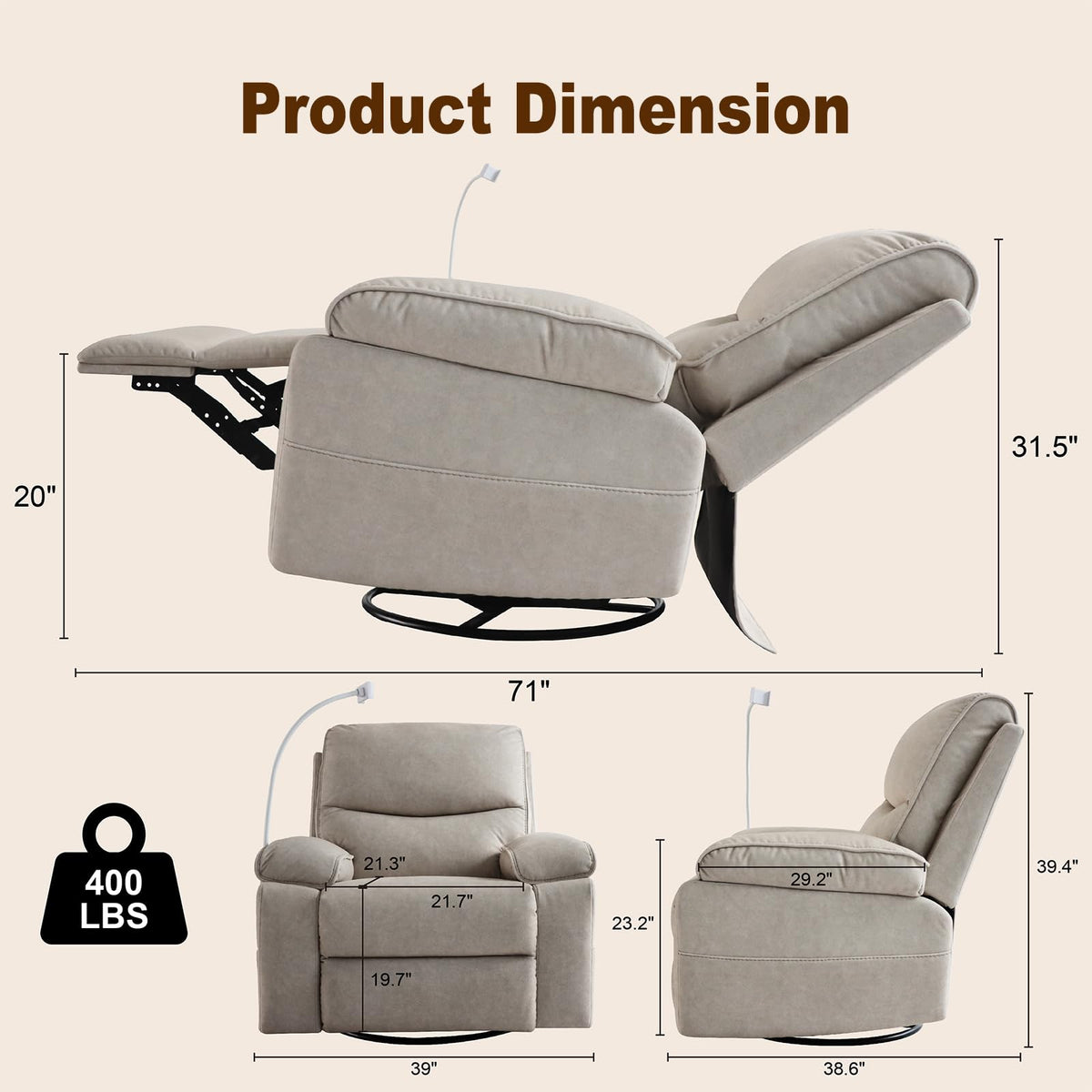 DEPSIS 360° Swivel Glider Rocking Chair Nursery， Oversized Recliner with Phone Holder，Nursing Chairs for Breastfeeding with Wide Foot Rest for Living Room and Baby Room,Beige