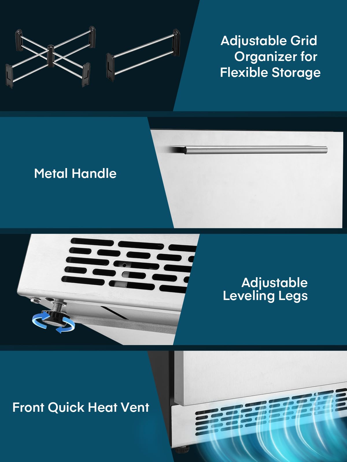 FOHERE 24" Undercounter Drawer Refrigerator, Waterproof Indoor and Outdoor Stainless Steel Beverage Refrigerator, LED Display, Low Noise, Frost-Free, Built-in/Freestanding, for Home and Commercial Use