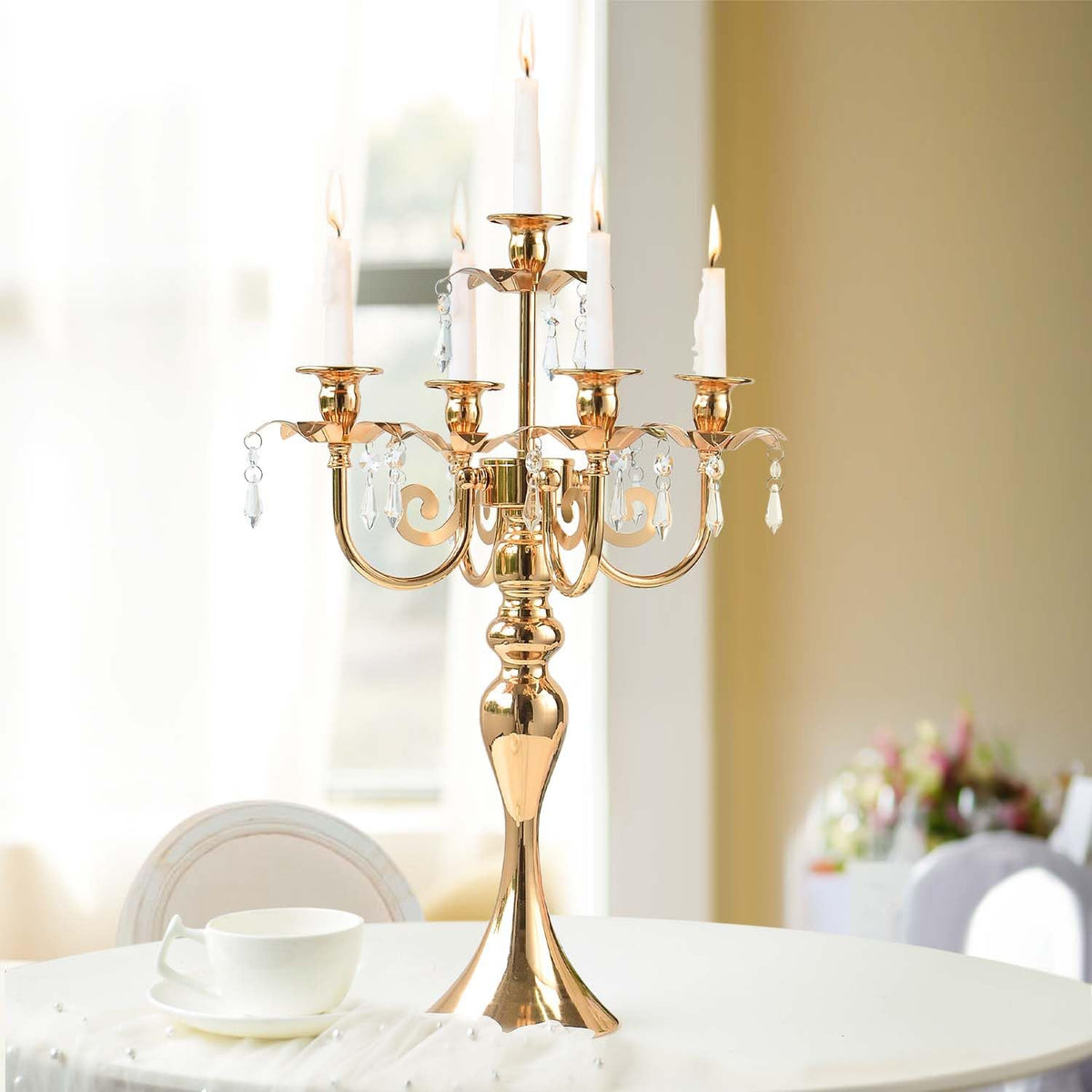 20.3'' Tall 5 Arm Candelabra Centerpiece for Table, Metal Elegant Candle Holder, Retro Candlestick Table Centerpieces for Party, Events, Home, Wedding Decor (4, Gold)