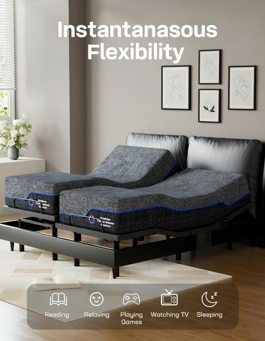 Marsail Queen Adjustable Bed Frame with Massage, Electric Adjustable Bed Base with Head & Foot Incline, Quiet Motor Adjustable Bed Frame with USB Ports, LED Light, Height-Adjustable Legs
