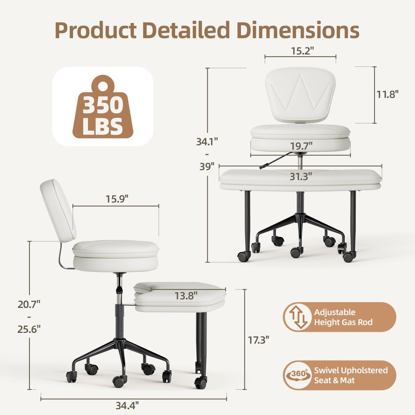 IdeaKey Ergonomic Cross Legged Chair, 360°Swivel Criss Cross Chair with Wheels, Double-Layer Upholstered Desk Chair, 31.3" Large Office Chair for Meditation and ADHD. White