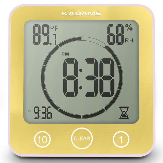 KADAMS Shower Clock Waterproof Bathroom Timer – Digital Wall Clock with Countdown, Magnetic Kitchen Clock with Temperature & Humidity, Suction Cup for Kids Shower Spa Sauna Cook Bath (Yellow)