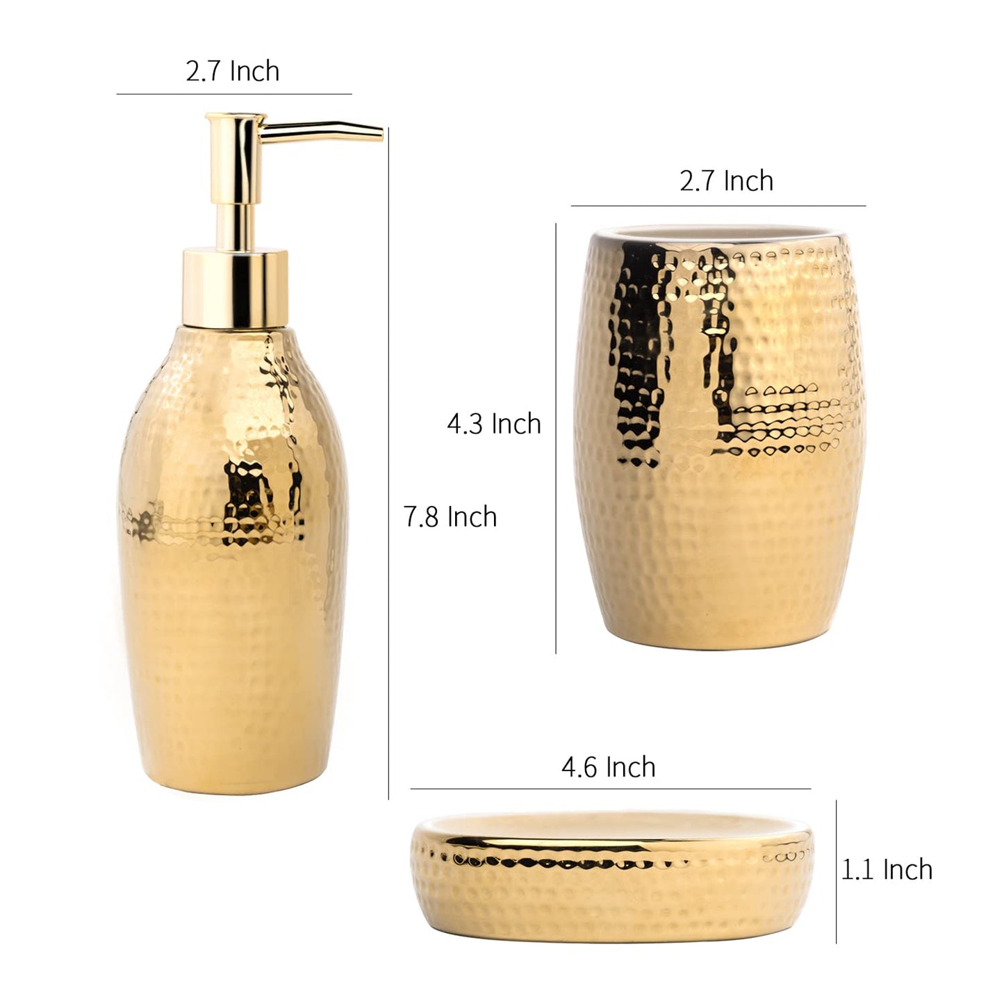 Gold Bathroom Accessory Set - 3 Piece Decorative Ceramic Bathroom Accessories Sets with Lotion Soap Dispenser, Toothbrush Holder/Tumbler and Soap Dish, Golden Gift Set for New Home Decor