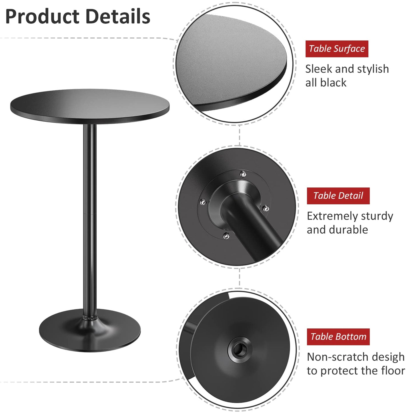 Furmax Bistro Pub Table 2 Pack Round Bar Height Cocktail Table Metal Base MDF Top Obsidian with Black Leg 23.8-Inch Top, 39.5-Inch Height (Black)