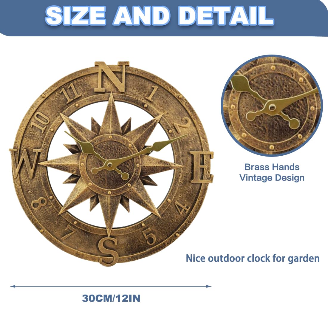 YTAONS Outdoor Wall Clock 12in Garden Clock Waterproof Clocks Kitchen Home Clock for Garden, Patio and Deck -Not Silent (Bronze)