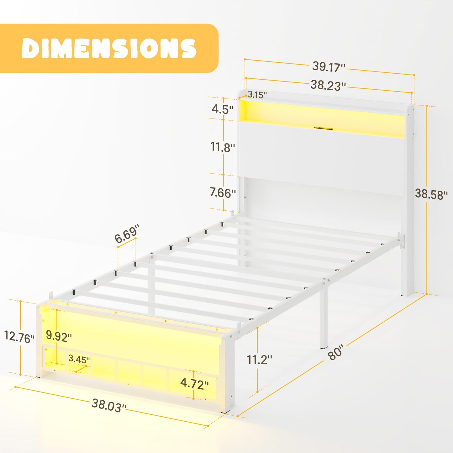 Timy Twin Size Bed Frame with LED Lights Metal Platform Bed for Boys and Girls Wooden Headboard with Charging Station No Box Spring Needed White