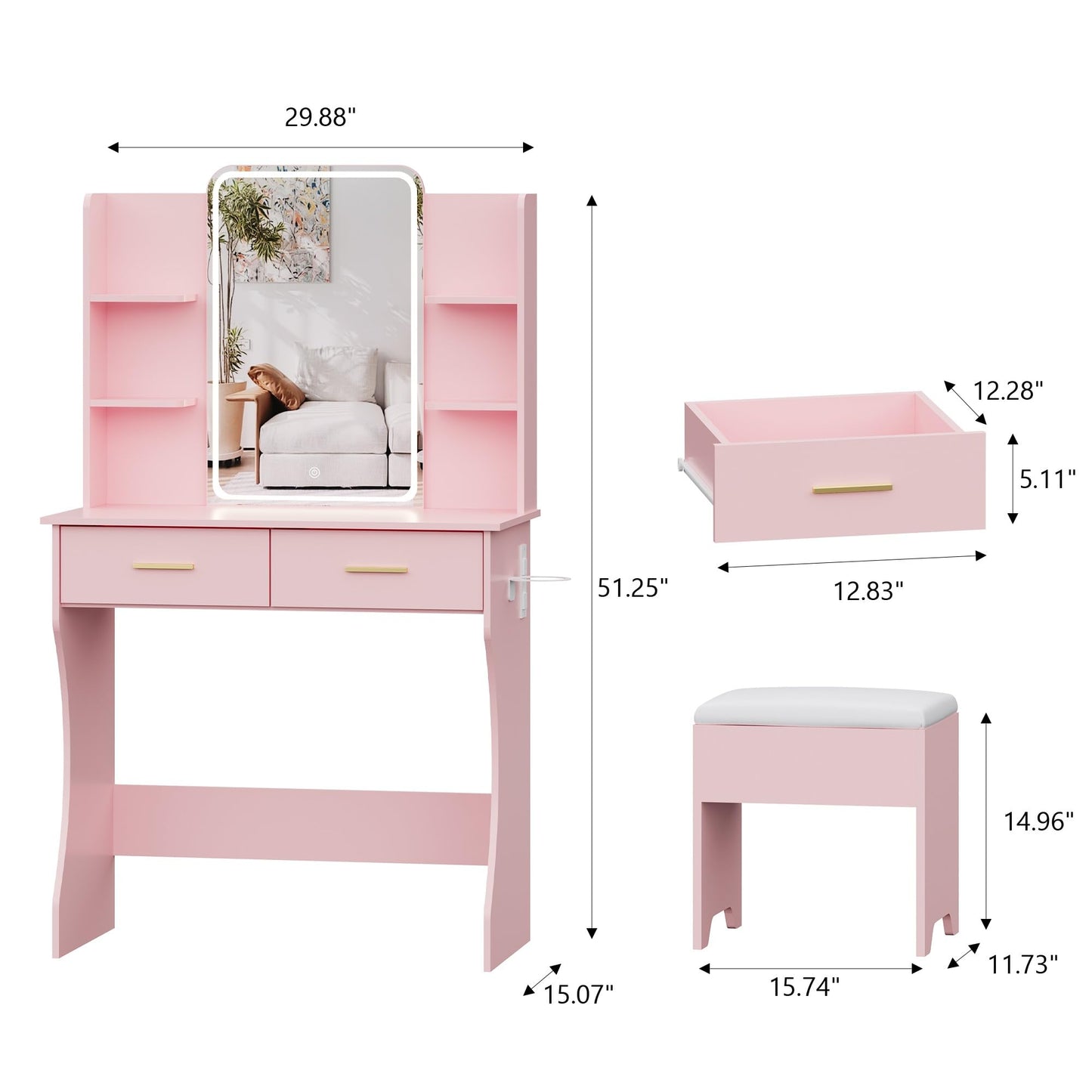 Small Vanity Desk with Mirror and Lights, Makeup Vanity with LED Lights, Pink Vanity Mirror with Lighted Desk and Chair, 3 Lighting Adjustable Compact Dressing Table with Mirror for Women, Girls