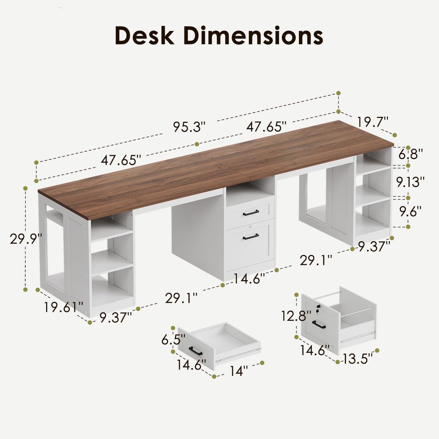 OffiGo Farmhouse 95.3 Inch Two Person Computer Desk, Walnut+ White