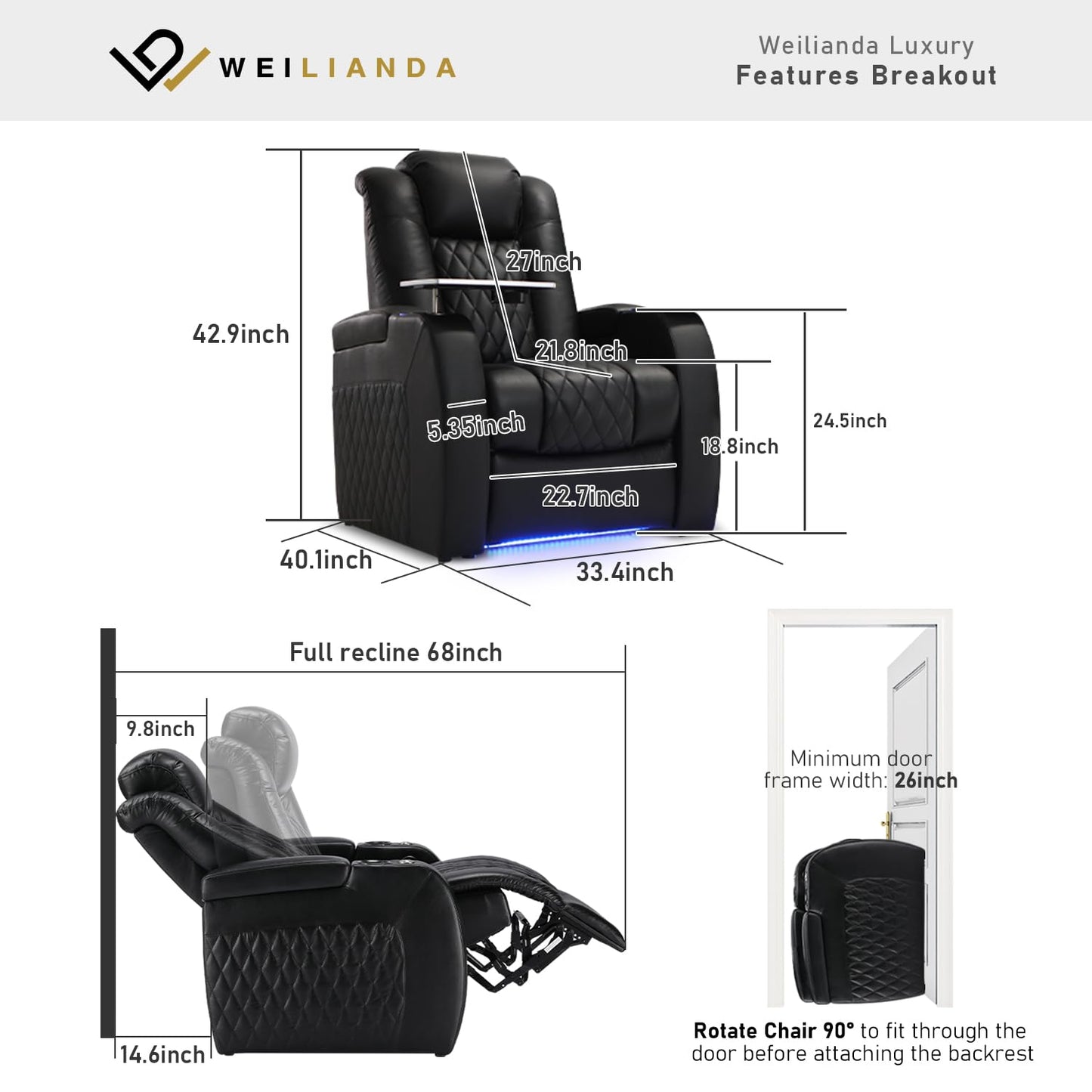 Weilianda Home Theater Seating, Top Grain Leather Movie Theater Chair