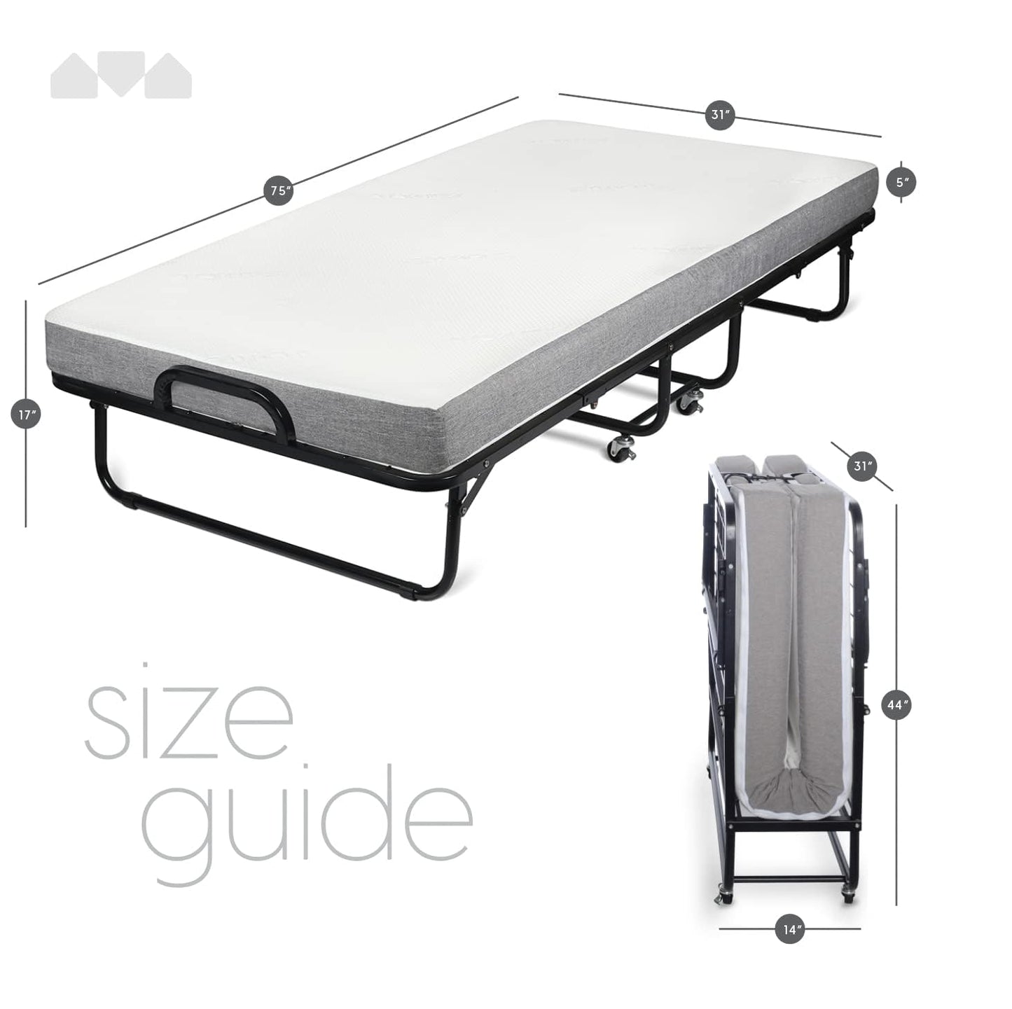 Fenghuolun Rollaway Bed - Single - Luxury Memory Foam Mattress and Extra Strong Frame - 75" x 31 (Small Single)