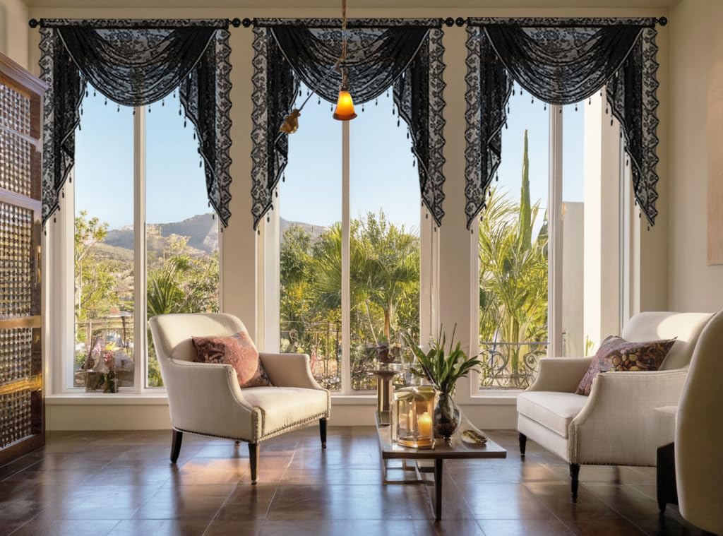 Huierxun Black Sheer Lace Waterfall Window Valance with Bead Tassels Floral Embroidered Valance Curtains Semi Sheer Rod Pocket Valance/Swags for Bedroom/Living Room/Kitchen/Basement(Black,39"x41")