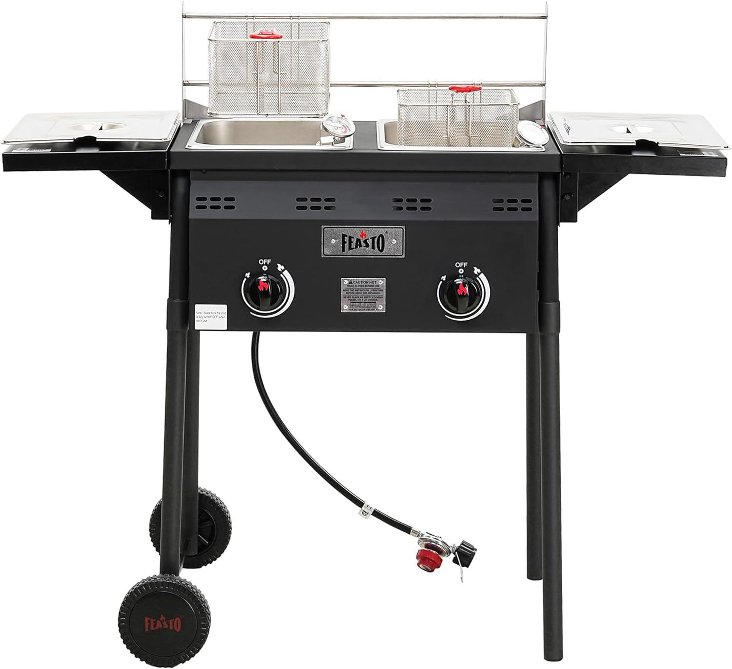 Feasto Outdoor Propane Deep Fryer, Dual Tank with Dual Independent Cast Iron Burners and Thermometers, Removable Fryer Pot, Baskets & Lids, Movable Propane Fryer Cart with Regulathor, 50000 BTU