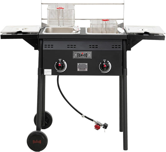 Feasto Outdoor Propane Deep Fryer, Dual Tank with Dual Independent Cast Iron Burners and Thermometers, Removable Fryer Pot, Baskets & Lids, Movable Propane Fryer Cart with Regulathor, 50000 BTU