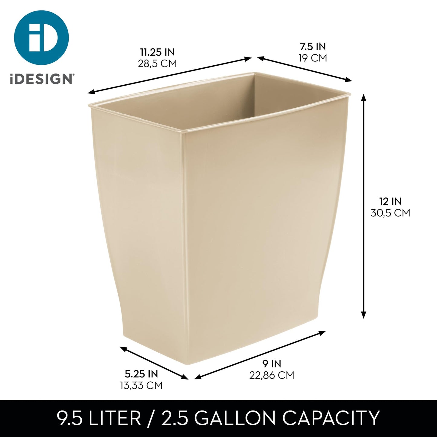 iDesign Small Plastic Bathroom Trash Can, Slim Rectangle Garbage Bin for Bedroom, Office, Dorm, Brown