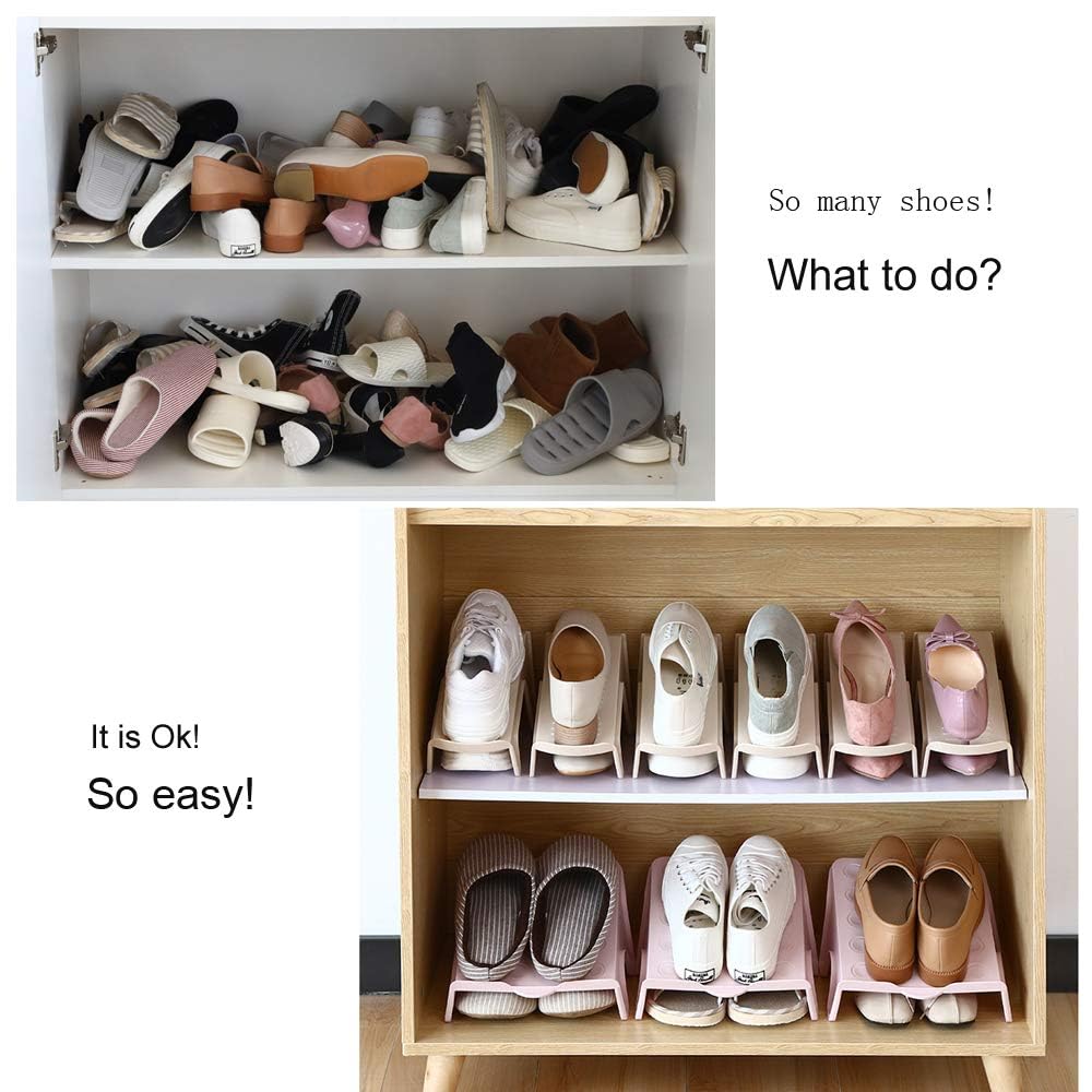 4 Pcs Stacking Shoe Organizer for Shelf 10 x 8.7 in – Double Layer Space Saving Shoe Dividers for Shelves – Footwear Riser for Heels Under 4.7", Sneakers & Flats Storage for Small Closets, Dorms, Apts