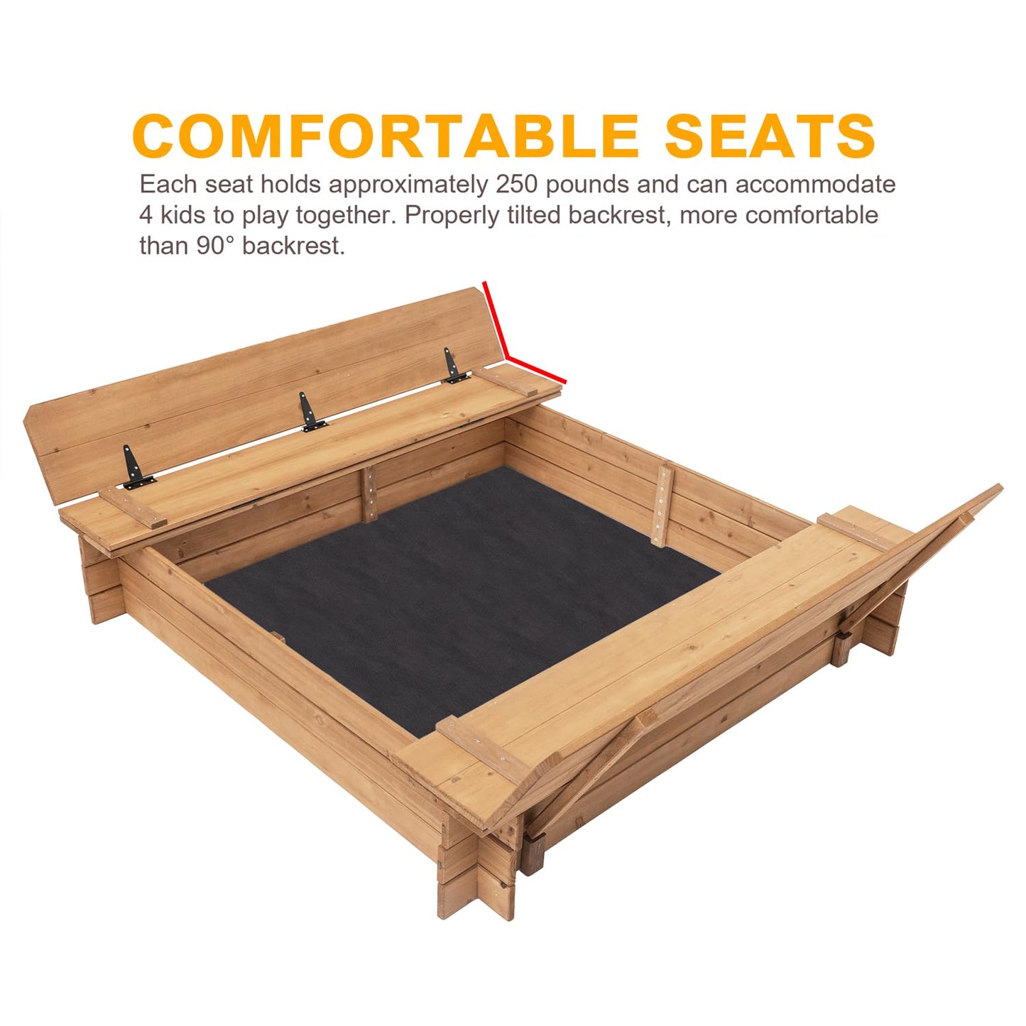BIRASIL Wood Sandbox with 2 Bench Seats, Sand Boxes with Lid for Kids, Sand Pit with Cover for Outdoor Backyard Patio, 48 Inch