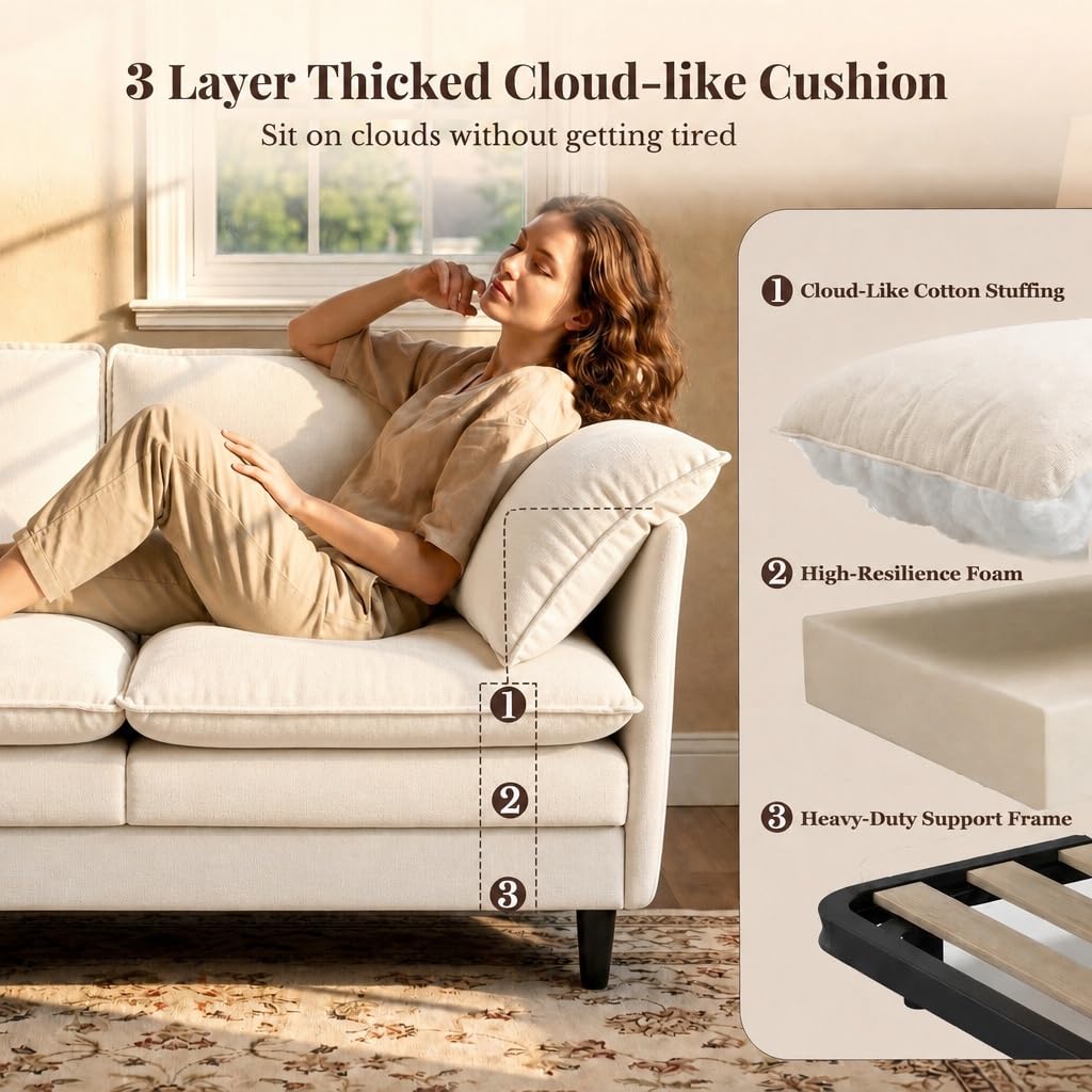 KYJ 69 Inch Small Sofa, 3-Seater Loveseat Couch with Cloud 2 Layer Cushion, 22.8" Deep Seat, Oversized Pillows, Chenille Fabric, Compact for Small Spaces,Apartment, Living Room, Studio, Office, Beige