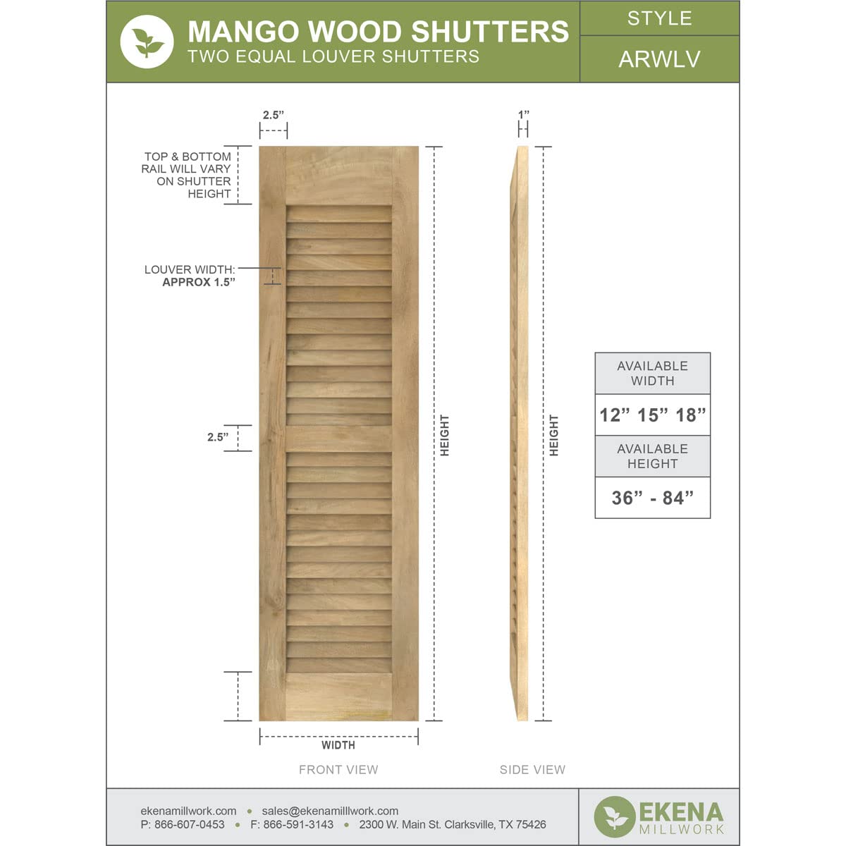 12"W x 35"H Americraft Two Equal Louver Exterior Real Wood Shutters (Per Pair), Unfinished