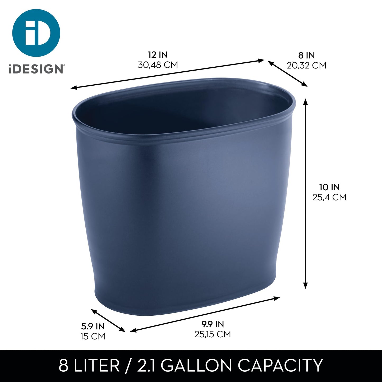iDesign Slim Plastic Bathroom Trash Can, Navy Blue
