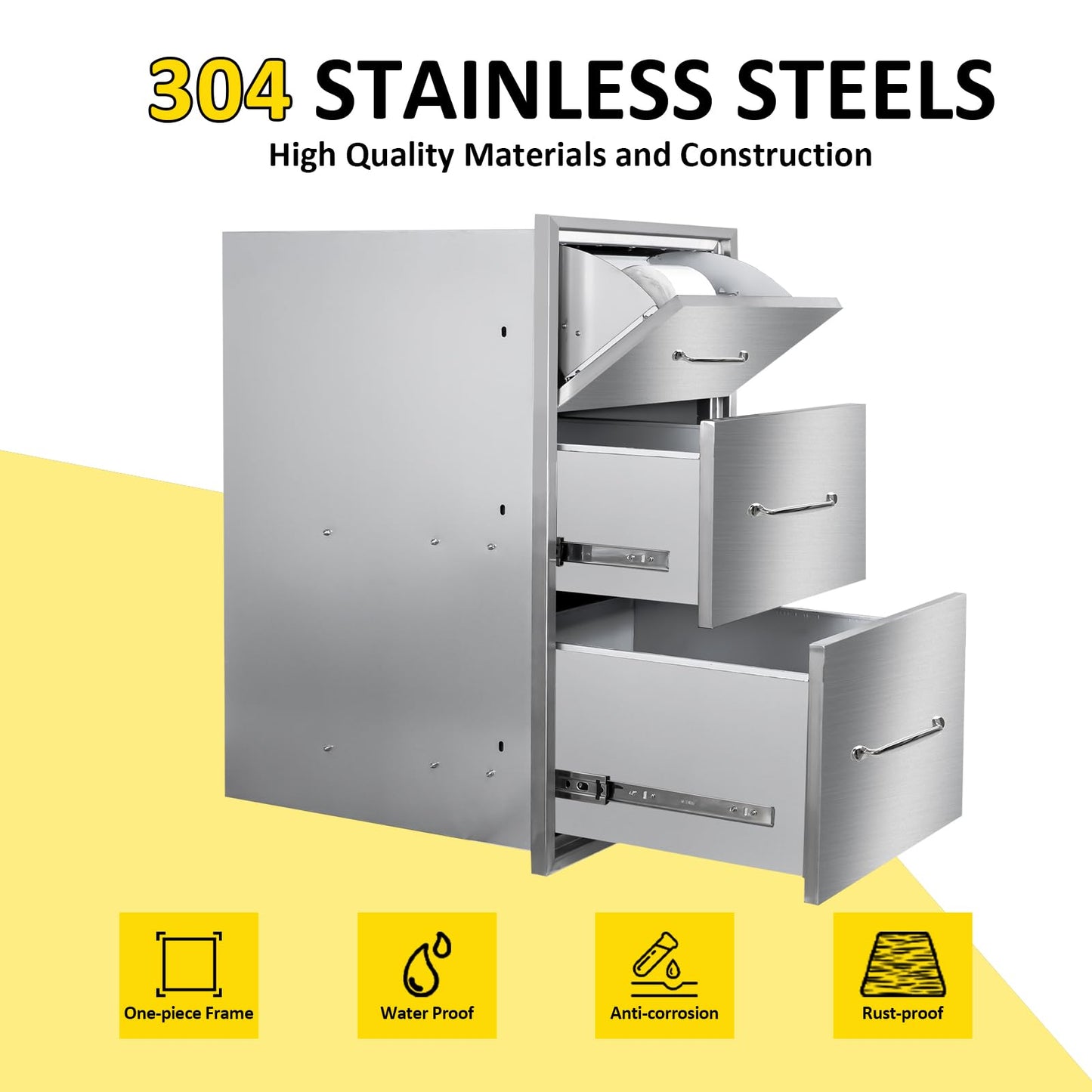 Outdoor Kitchen Drawers with Paper Towel Holder 17" W x 30"H Flush Mount BBQ Drawers with Chrome Handle,Stainless Steel Built-in Triple Access Drawers for Outdoor Kitchen Island, Patio Grill Station