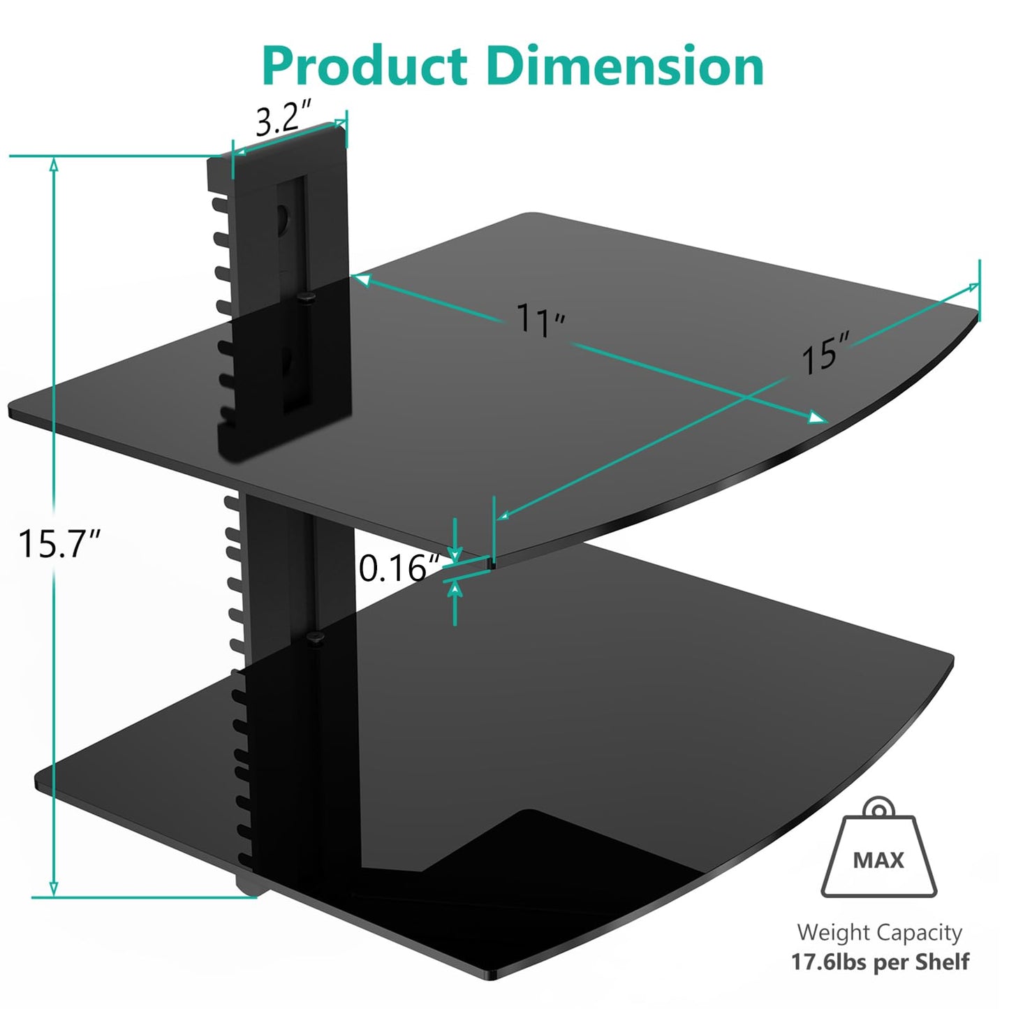 WALI Floating TV Shelf, 2 Tier Glass Projector Shelf for DVD Players, Routers, Game Consoles, Cable Boxes, Living Room Decor, Wall Mount Shelves Hold Up to 17.6lbs (CS202B), 2-Shelf, Black