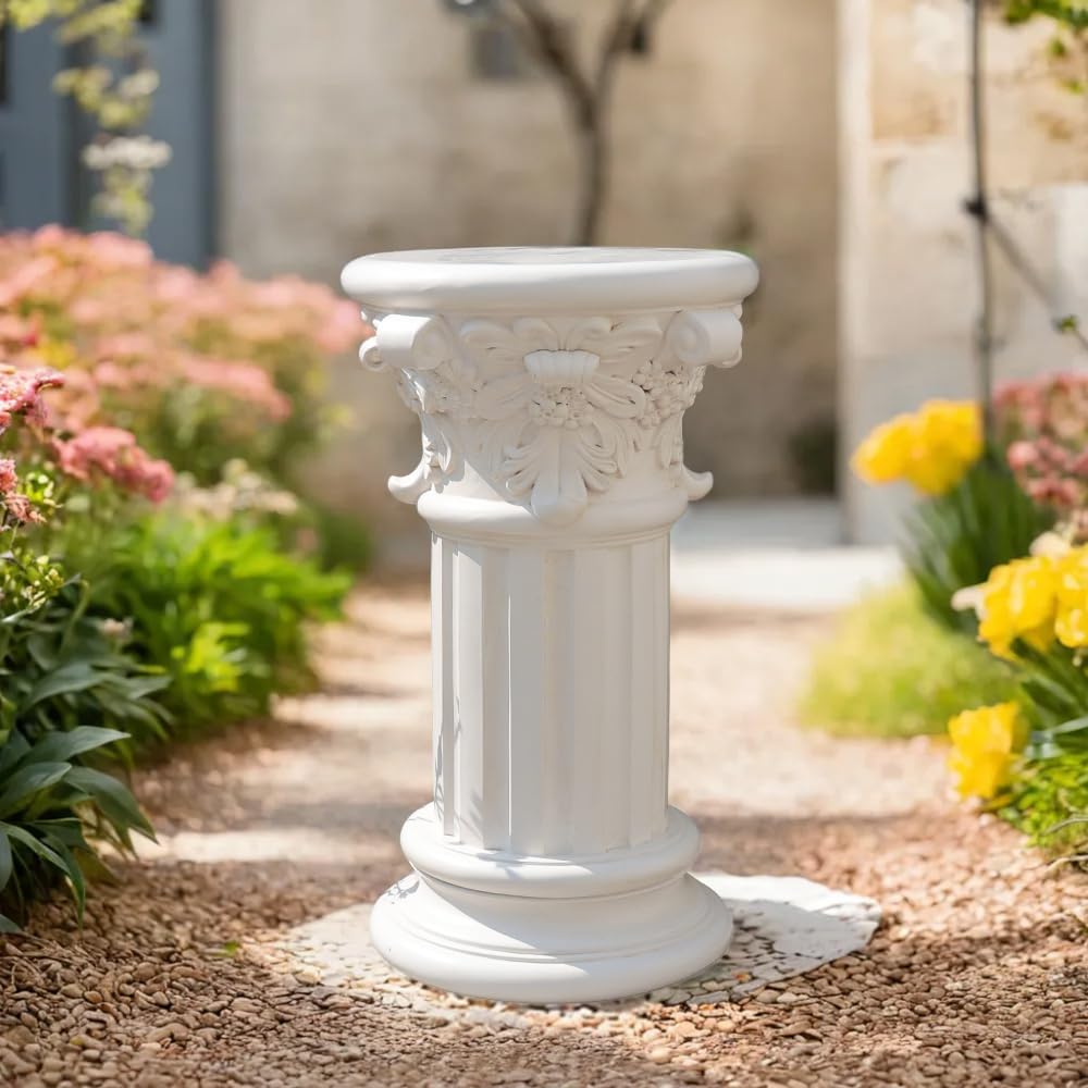 English Rosette Indoor Outdoor Sculptural Garden Plinth Base Statue Riser, Weatherproof Sturdiness Plinth Base Statue Riser for Statues, Flower Pots, Decor, Cast Stone Resin, Antique Stone Finish (D-)