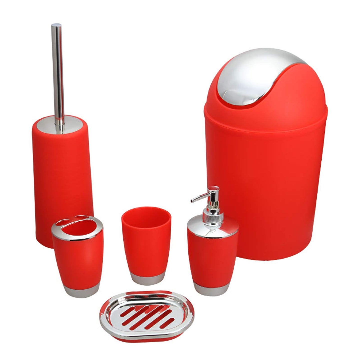 Bathroom Accessories Set, 6-Piece Plastic Gift Set, Toothbrush Holder, Toothbrush Cup, Soap Dispenser, Soap Dish, Toilet Brush Holder, Trash Can (RED)