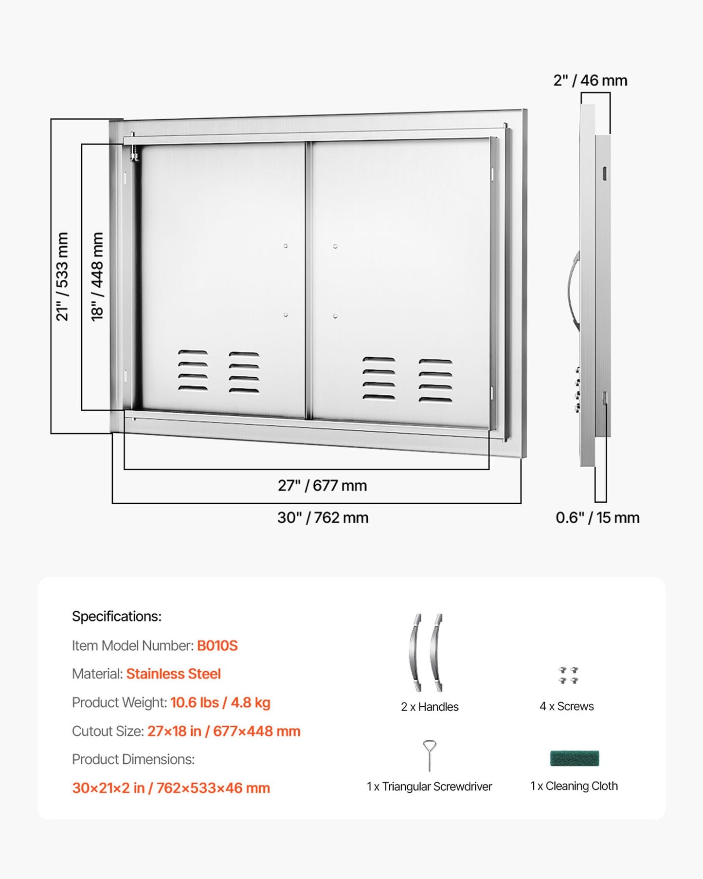 VEVOR Outdoor Kitchen Doors, 30W x 21H Inch, 304 Stainless Steel Double Doors with Vents, BBQ Access Door with 2 Detachable Handles and 6 Hooks, for BBQ Island