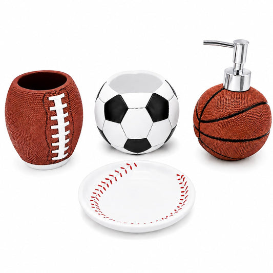 YangShiMoeed 4-Piece Sports Bathroom Accessories Set Complete with Basketball Lotion/Soap Dispenser,Soccer Bath Cup/Tumbler,Base Ball Soap Dish,Football Toothbrush Holder