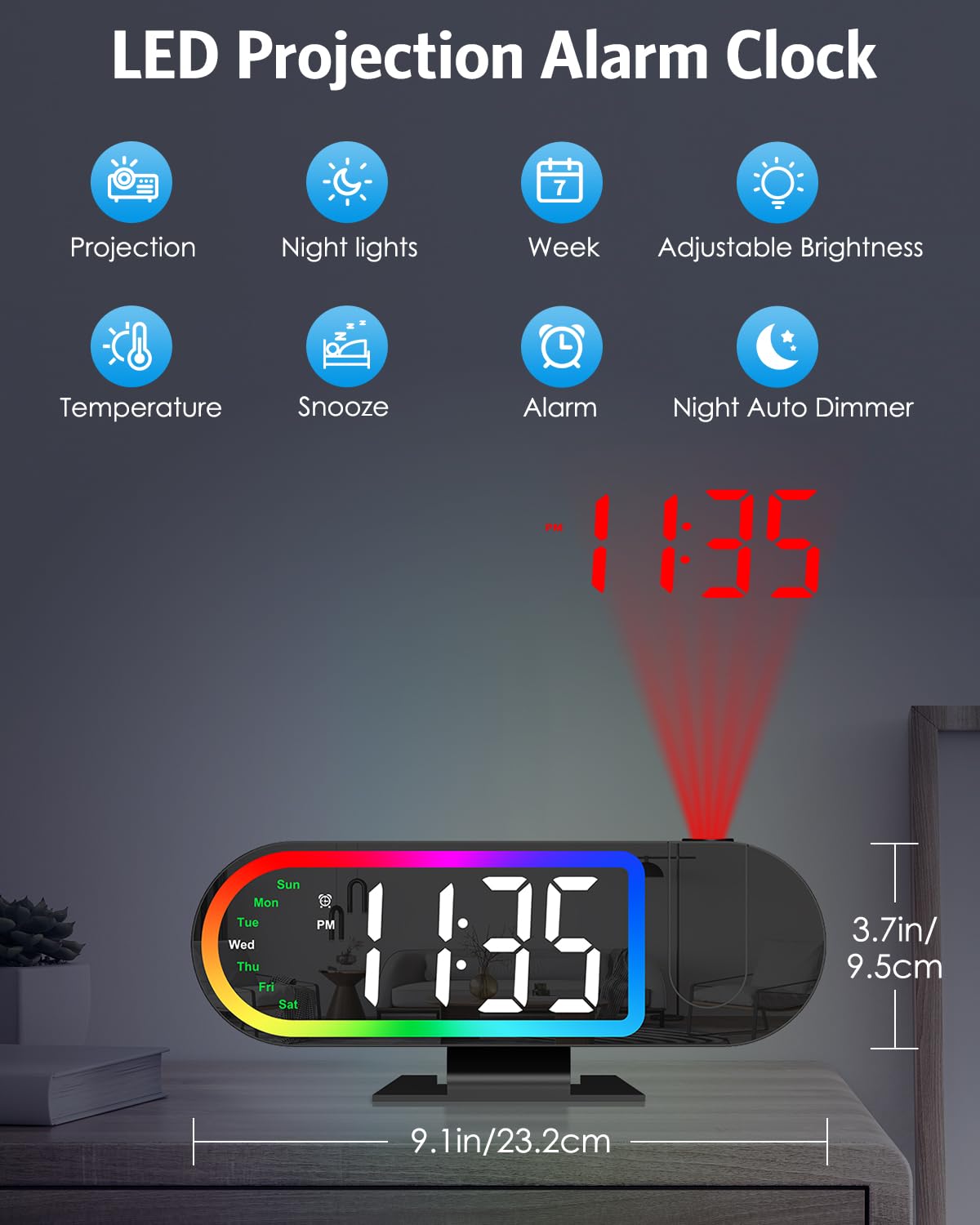 AMIR Projection Alarm Clock for Bedroom Ceiling with 17-Color Ambient Light