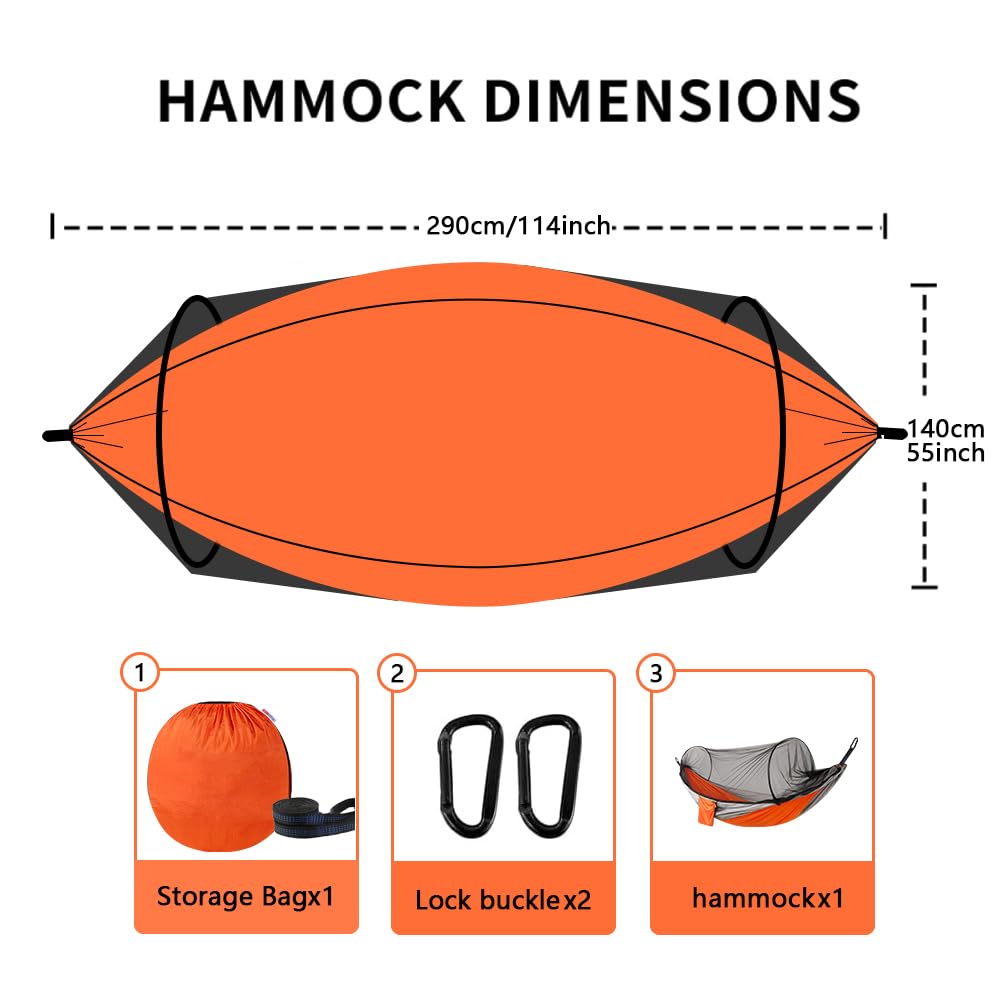 Camping Hammock with Mosquito Net - Double & Single Portable Hammocks with 2 Tree Straps, Lightweight Hammock Tent for Outdoor Camping, Hiking, Backpacking, Beach & Backyard (Orange)