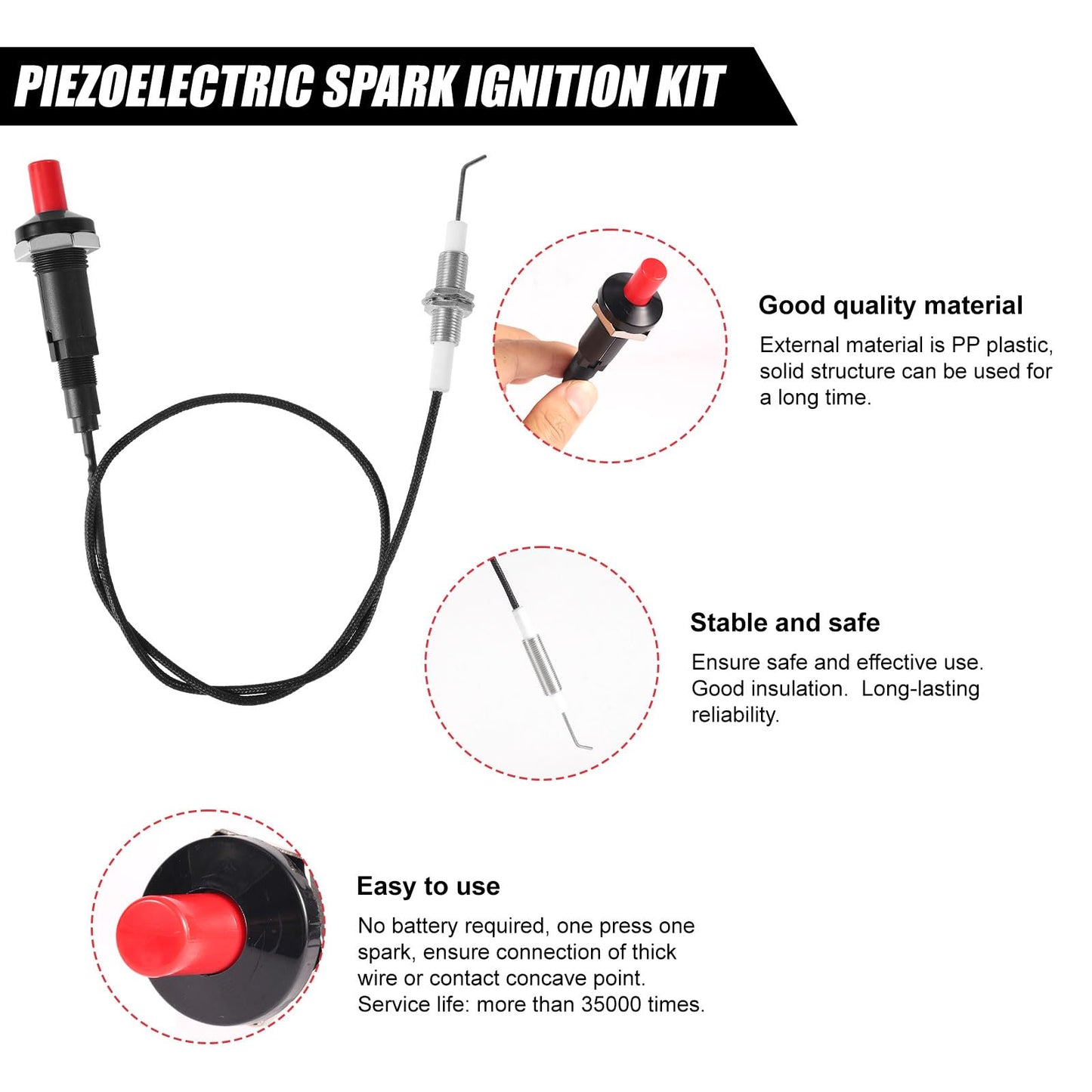Piezo Igniter with Spark Ignition, Metal Propane Push Button Threaded Electrode Grill Igniter Fire Pit Lighter Replacement for Gas Fireplace Oven Heater BBQ Torch Kitchen Outdoor Practical Accessories