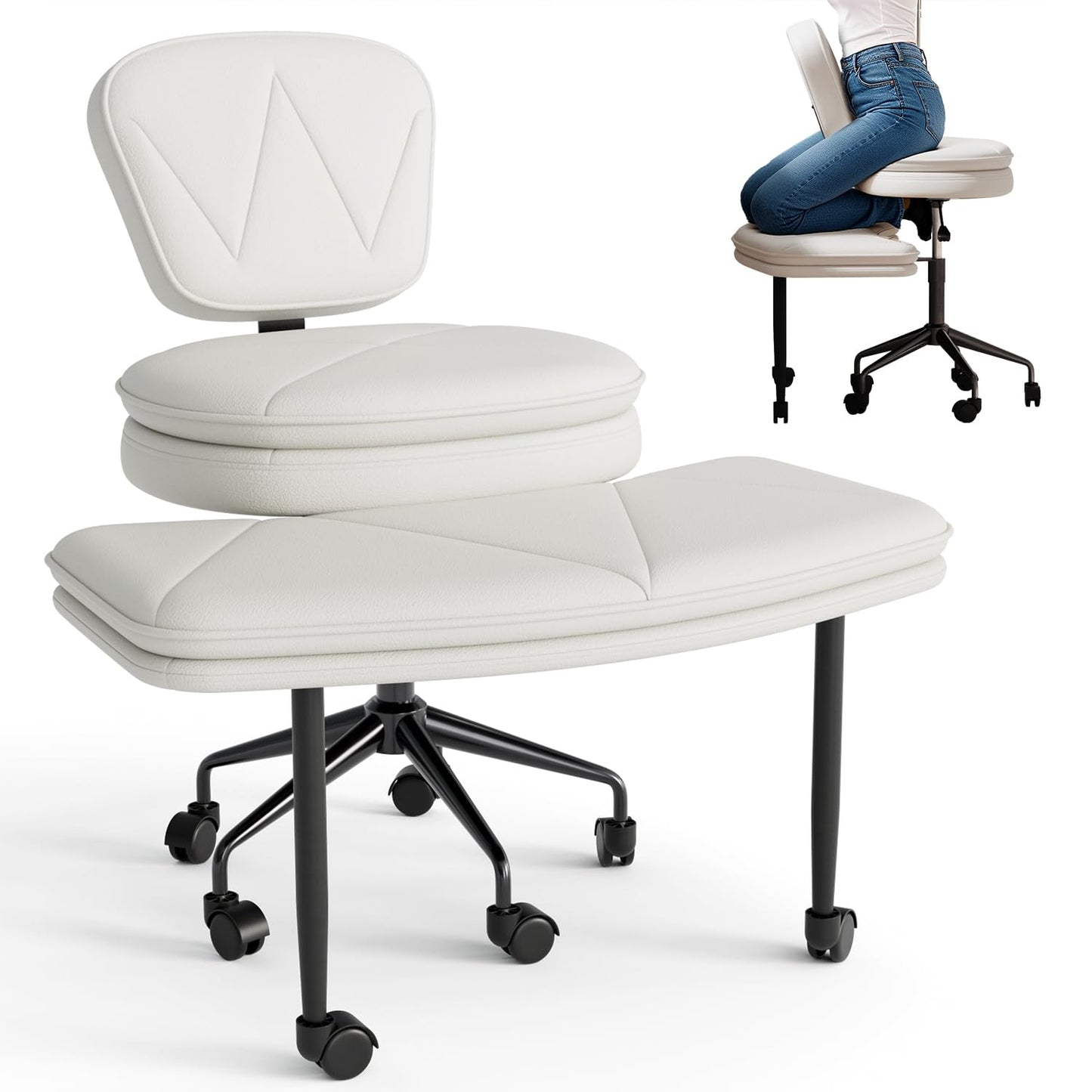 IdeaKey Ergonomic Cross Legged Chair, 360°Swivel Criss Cross Chair with Wheels, Double-Layer Upholstered Desk Chair, 31.3" Large Office Chair for Meditation and ADHD. White