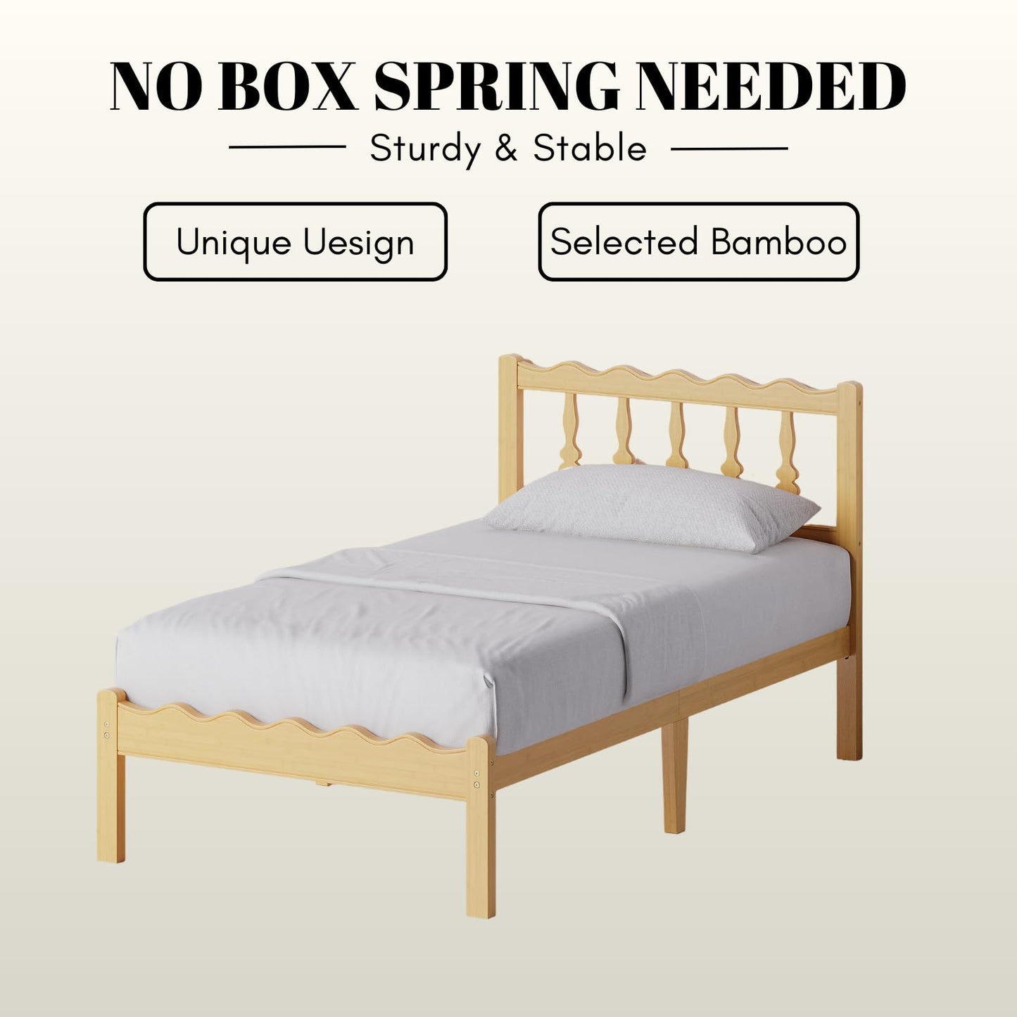 Bednowitz Bamboo Twin XL Bed Frame with Headboard, 14 inch Solid Wood Platform Bed Frames Twin XL Size with Metal Slats, No Box Spring Needed, Easy Assembly, Noise Free