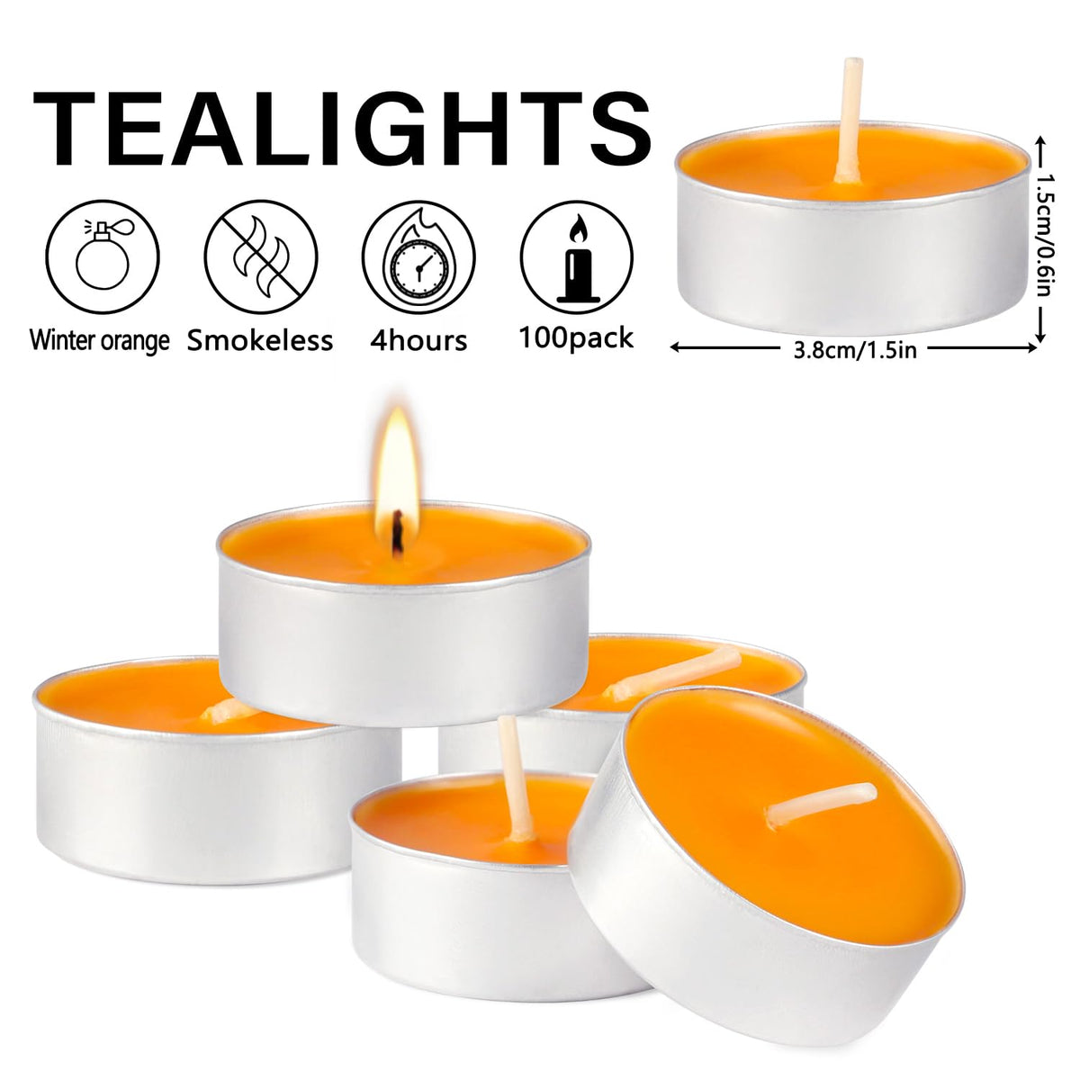 100 Pack Scented Tealight Candles 4 Hours, Winter Orange Aromatherapy Candles for Votive Home, Wedding Holiday and Emergency (Orange)