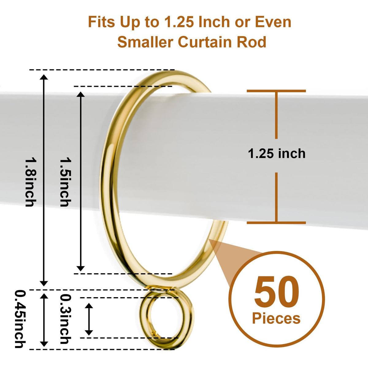 GASRONS 50 Pack Gold Metal Curtain Rings with Eyelets, 1.5 inch Inner Diameter Drapery Rings Apply for Curtain Rods(Fits Up to 1 1/4-Inch Rod)