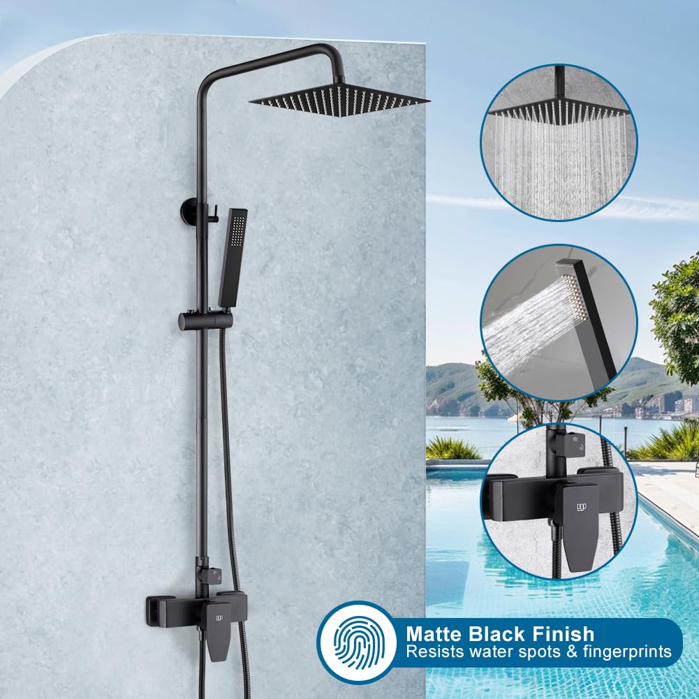 POP SANITARYWARE Matte Black Outdoor Shower System | Solid Brass Valve & Stainless Steel Rainfall & Handheld Combo
