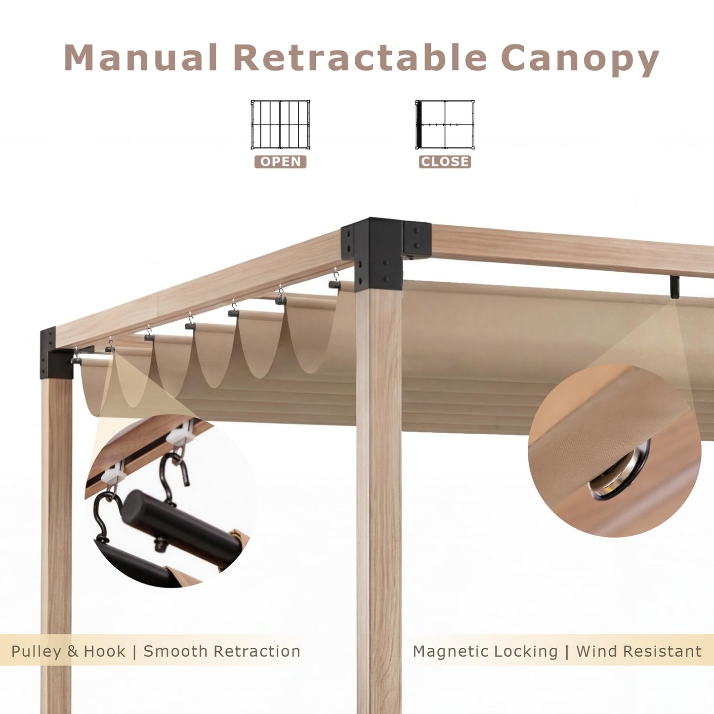10'x12' Outdoor Pergola with Solar LED Lights,Waterproof & UPF 50+ UV-Resistant Retractable Sun Shade Canopy, Wood-Grain Aluminum Frame for Backyard, Garden, Deck, Poolside