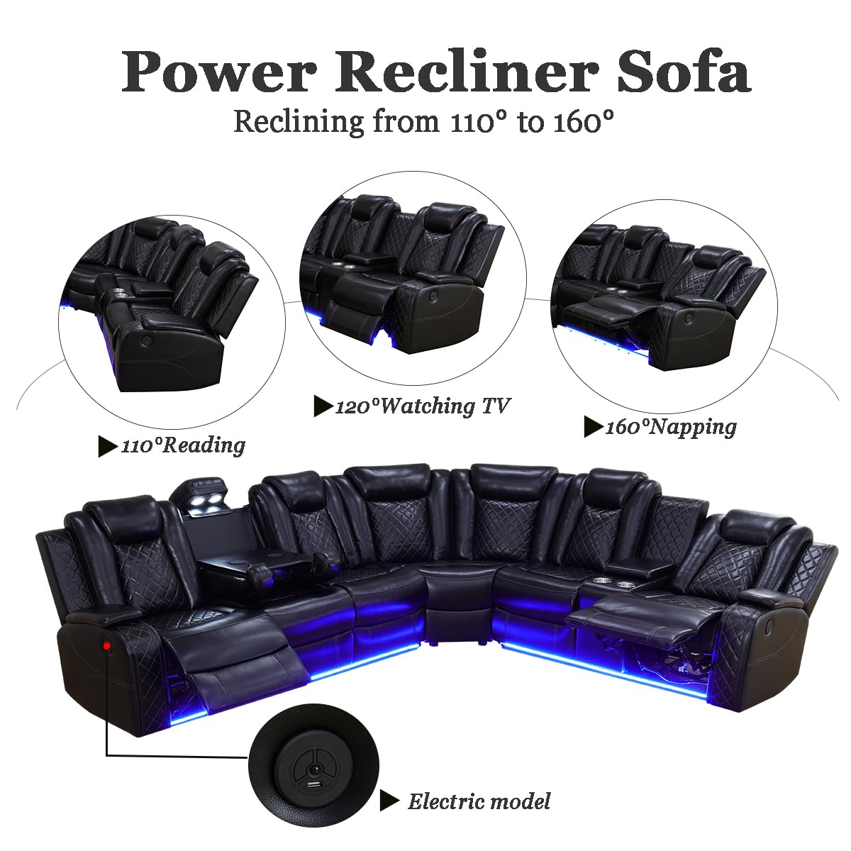 A Ainehome Power Recliner Set, Leather Sectional Sofa Set for Living Room, Home Theater, with LED Lights, Cup Holder, Hide-Away Storage, Wireless Charging(A-Black)