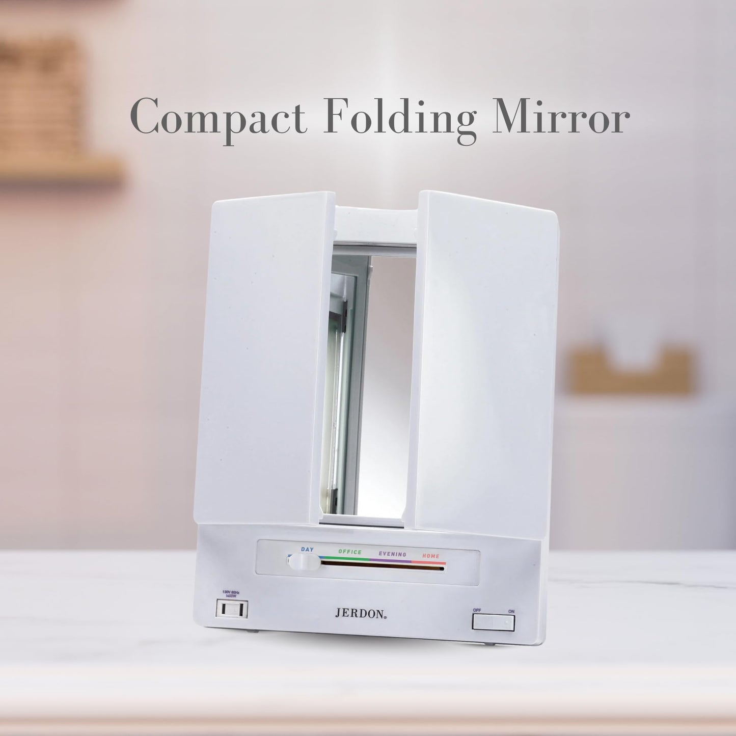 JERDON Tri-Fold Two-Sided Makeup Mirror with Lights - Vanity Mirror with 5X Magnification & Multiple Light Settings - White Base - Model JGL9W