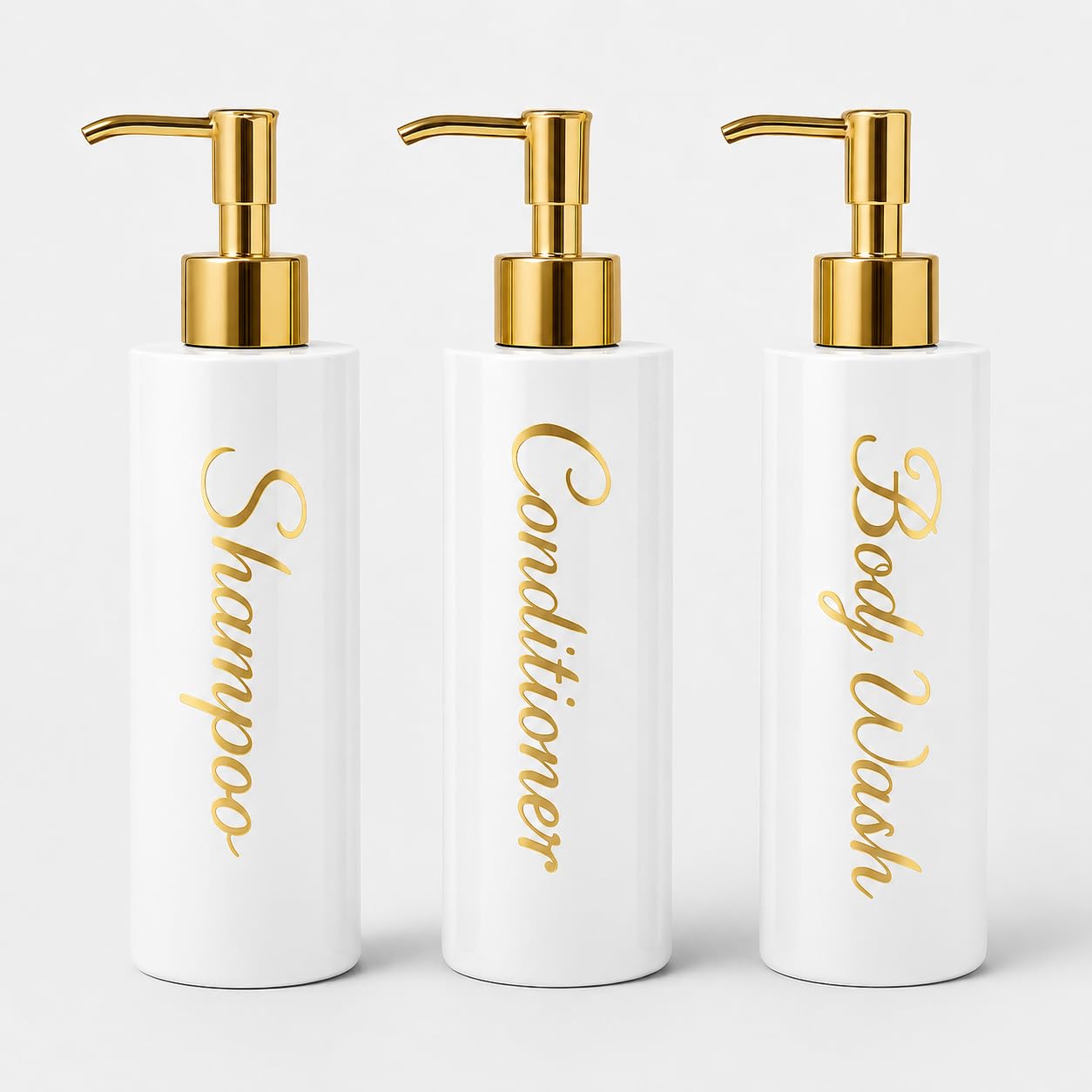 uMadeUs Shampoo and Conditioner Dispenser - Essentials Toiletry Bottles - Shower Refillable Shampoo and Body Wash Soap Pump Bottle – 3X 16oz Family Size Containers - White Round All Gold Pump