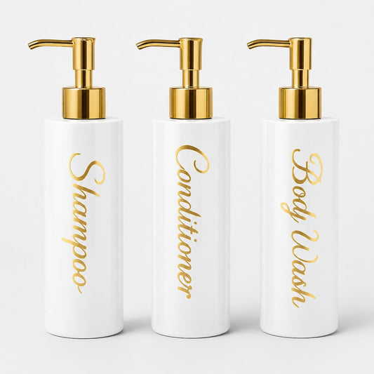 uMadeUs Shampoo and Conditioner Dispenser - Essentials Toiletry Bottles - Shower Refillable Shampoo and Body Wash Soap Pump Bottle – 3X 16oz Family Size Containers - White Round All Gold Pump