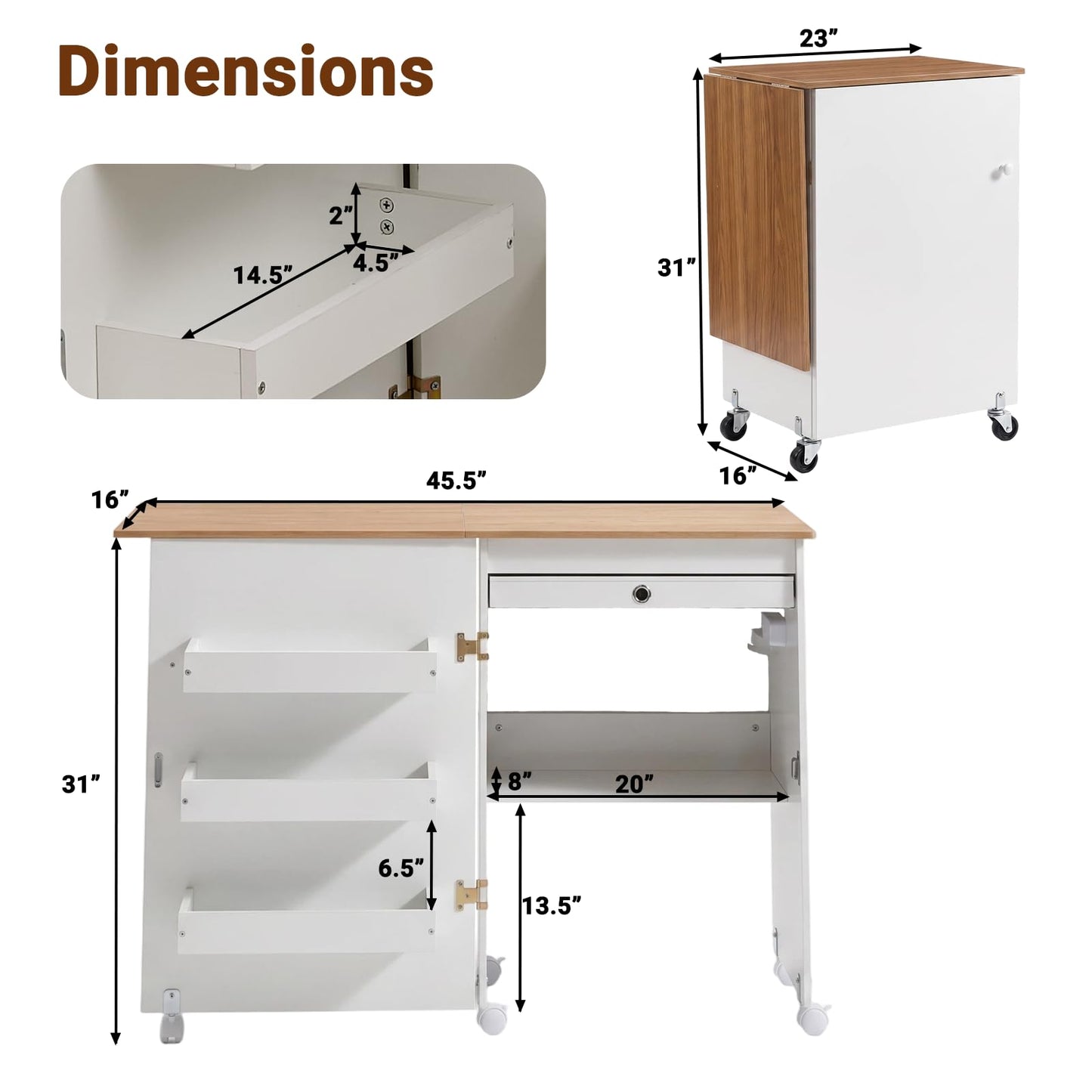 Folding Sewing Table with Charging Station, Rolling Sewing Machine Craft Table with Storage Trays and Shelf, Foldable Sewing Cabinet Desk with Lockable Wheels for Small Spaces (Natural Wood & White)