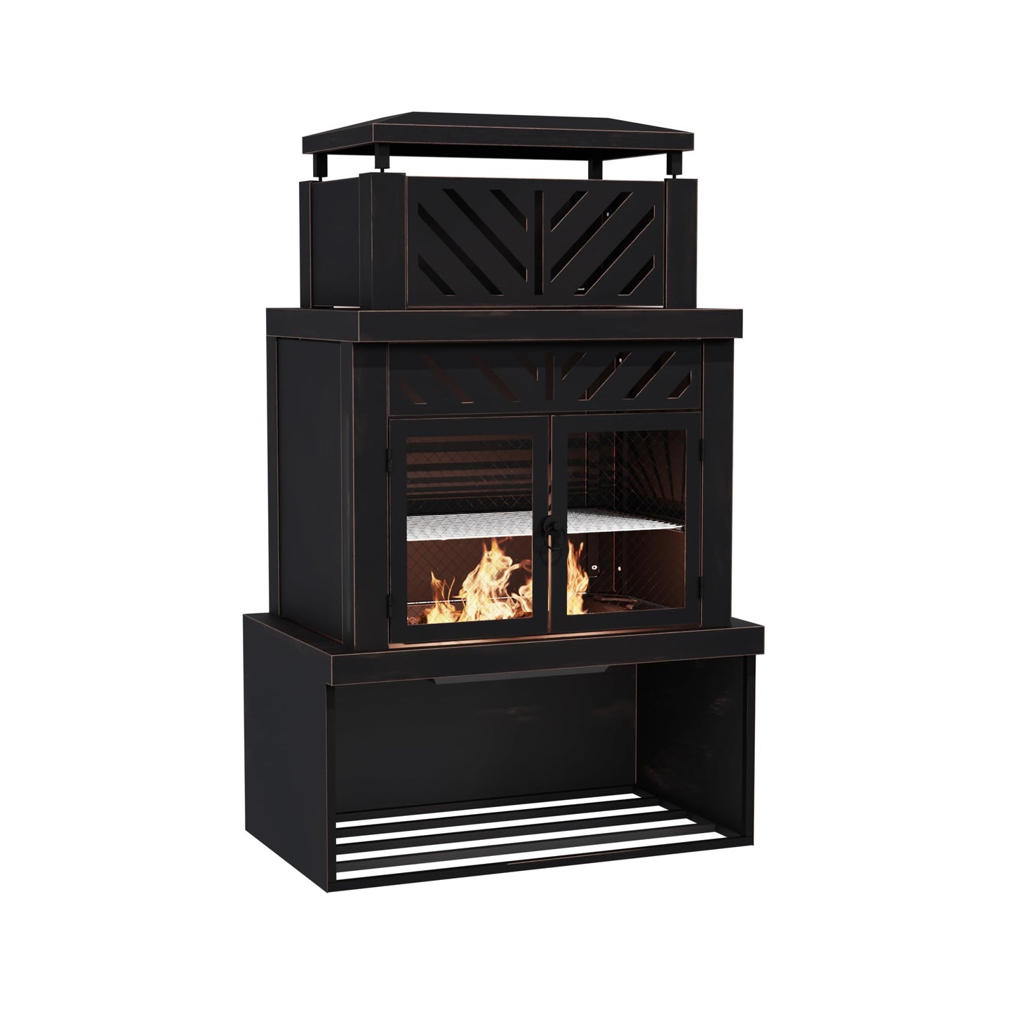 Gardenbee 31.5" Outdoor Wood Fireplace with Chimney and Wood Storage, Fireplace with Fire Pocker, BBQ Grill & Gloves, Outside Removable Fire Pit for Patio, Garden and Deck, Black