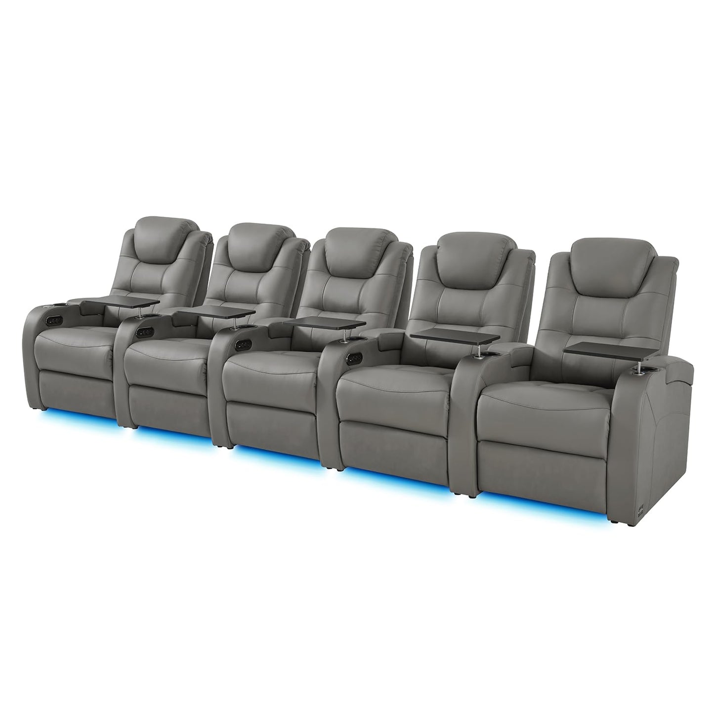 comfiroom Home Theater Seating Seats Simple Style Top Grain Nappa Leather Recliner Chair Dual Power Movie Theater Chairs Gaming Sofa Electric Headrest with Tray Table (Grey, Row of 5)