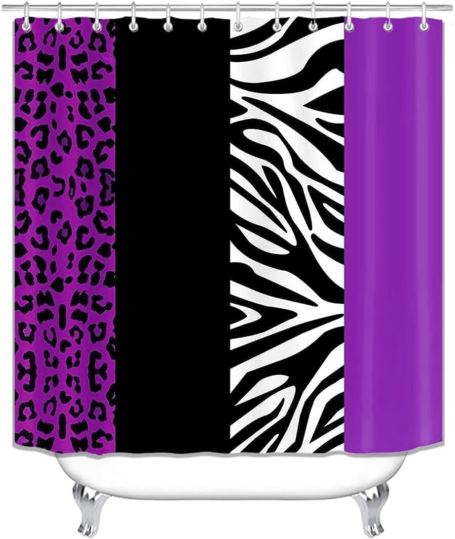 jieprom 4PCS Leopard Print Shower Curtain Set with Rug, Toilet Lid Cover and Bath Mat, Purple Black Splice Shower Curtain with 12 Hooks, Shower Curtain for Bathroom Decor Set