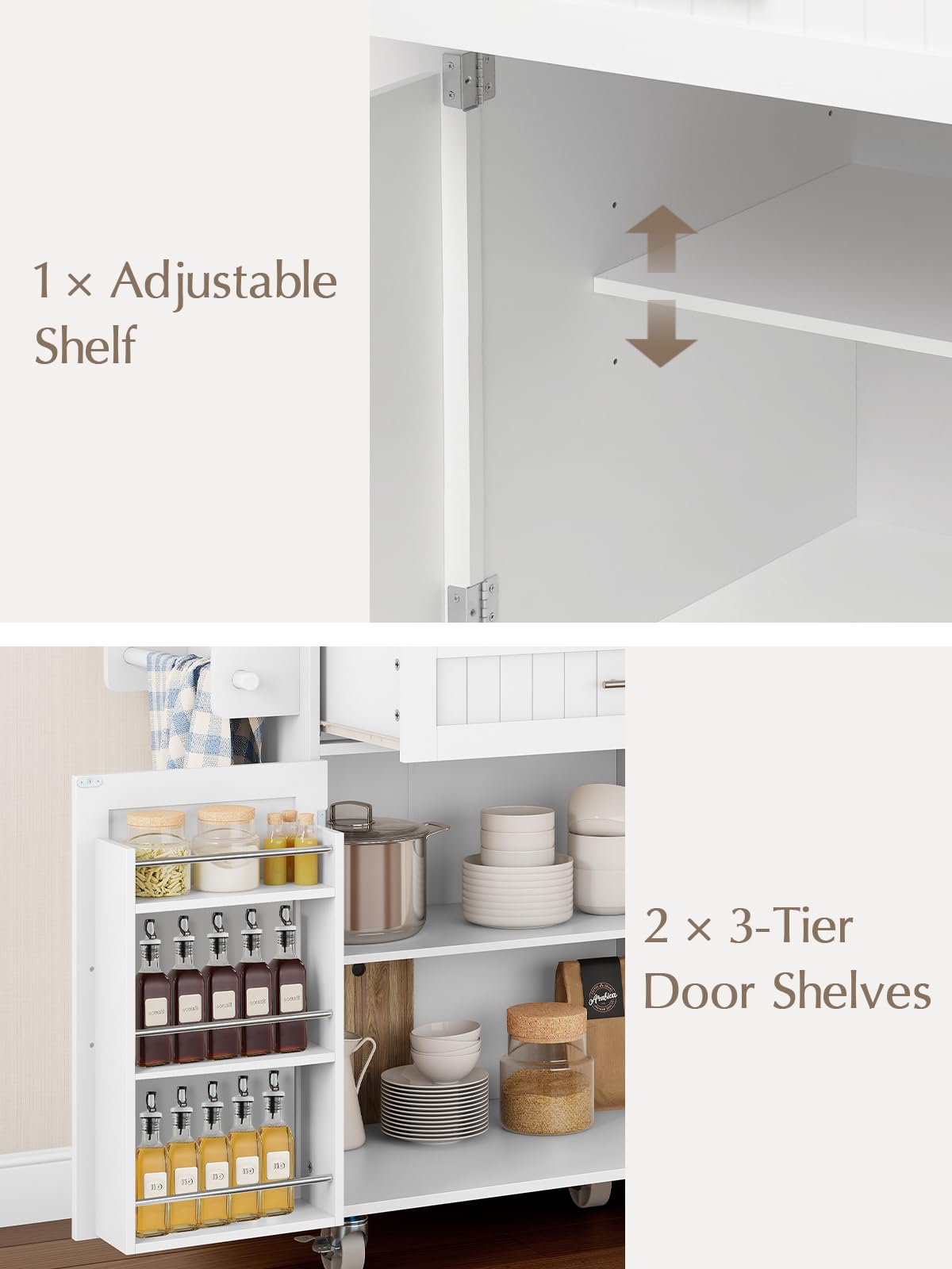 OtterOasis Kitchen Island with Storage, 43.3" Rolling Kitchen Island Cart on Wheels with Wide Drop Leaf Rubberwood Top, Large Mobile Island Table with Trash Can Storage and Towel Bar, White