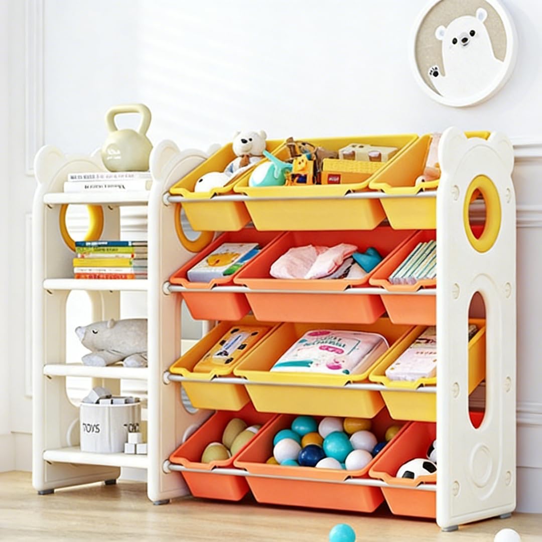 Deer COCO Tilted Front Toy Storage Organizer - 48" Wide HDPE Heavy Duty 3-in-1 Kids Furniture with 12 Bins for Baby Toddler - Montessori Playroom Organization for Legos & Stuffed Animals (Orange)