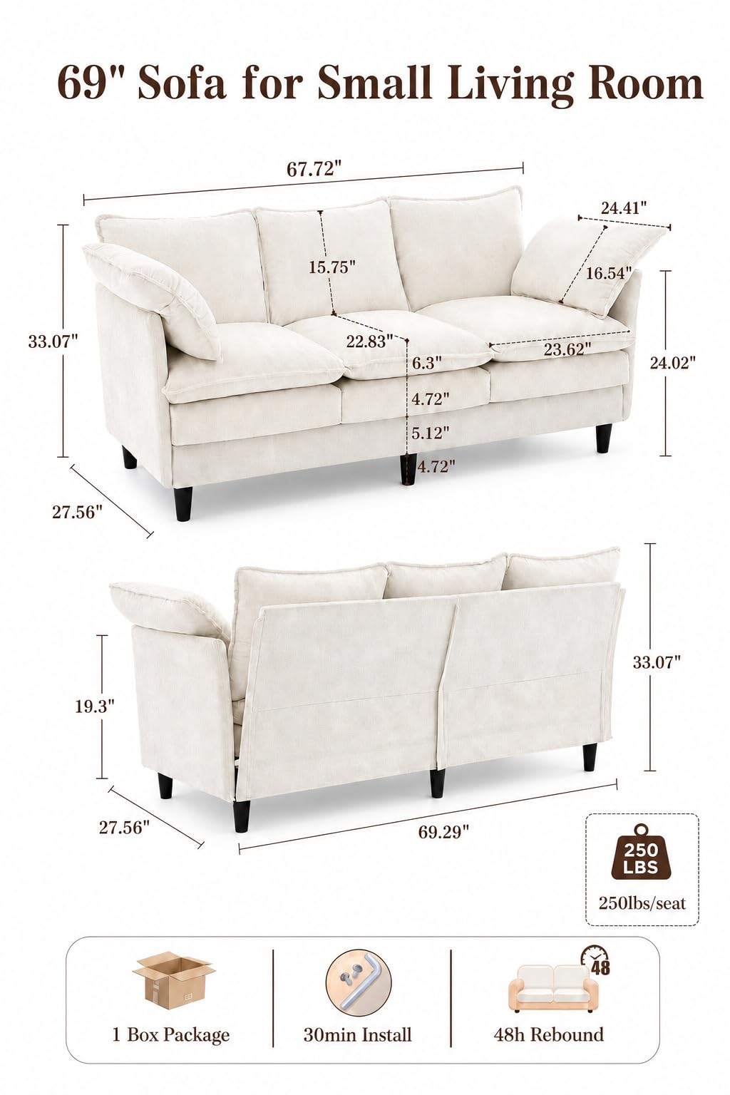KYJ 69 Inch Small Sofa, 3-Seater Loveseat Couch with Cloud 2 Layer Cushion, 22.8" Deep Seat, Oversized Pillows, Chenille Fabric, Compact for Small Spaces,Apartment, Living Room, Studio, Office, Beige