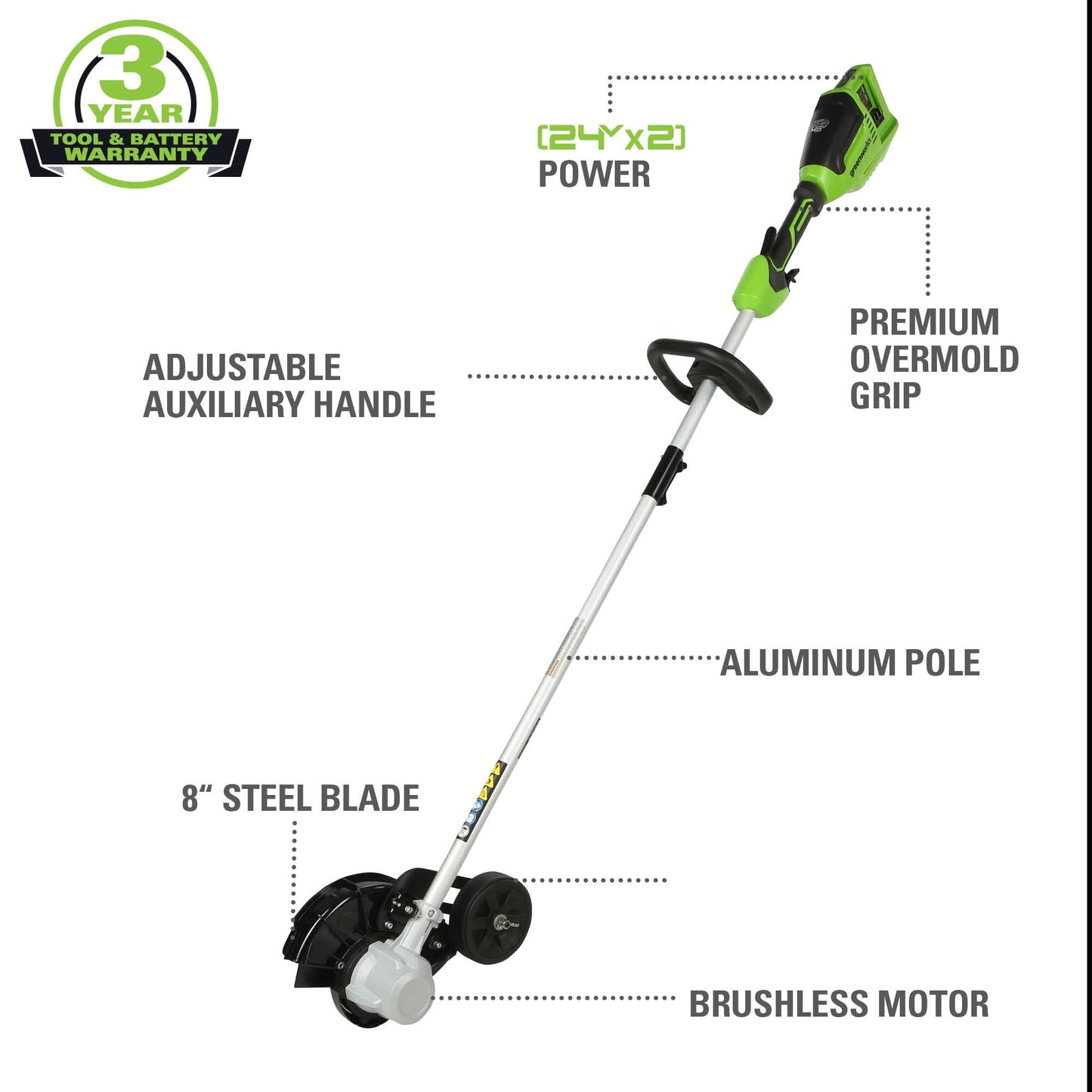 Greenworks 48V (24V x 2) 8-Inch Brushless Cordless Edger, (2) 4Ah Batteries & 4A Dual Port Fast Charger for Sidewalk Driveway Lawn Edging
